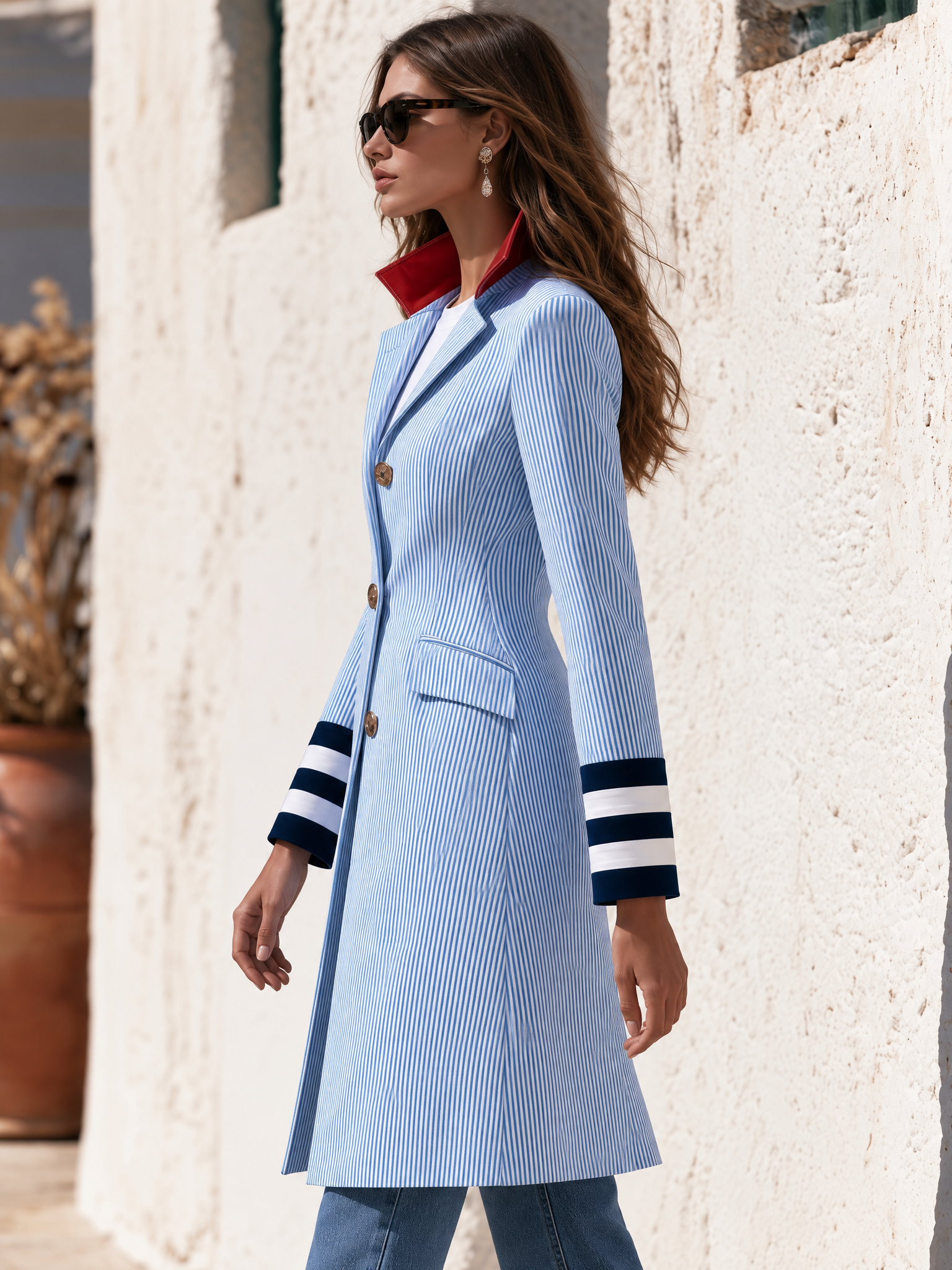 Retro Color-blocked Striped Mid-length Coat