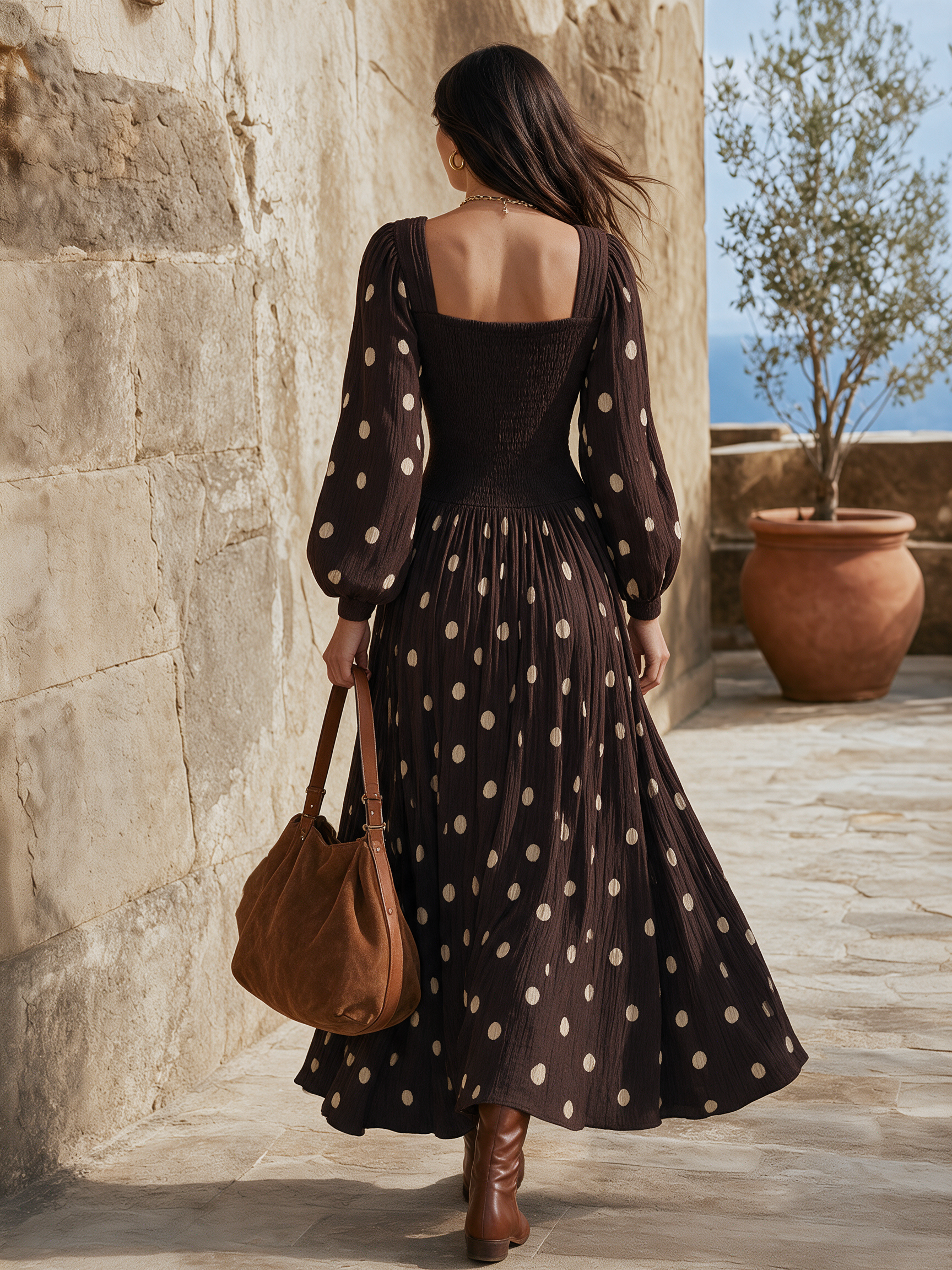 Coastal Chic Polka-Dot Long Sleeve Knit And Chiffon Brown Maxi Dress