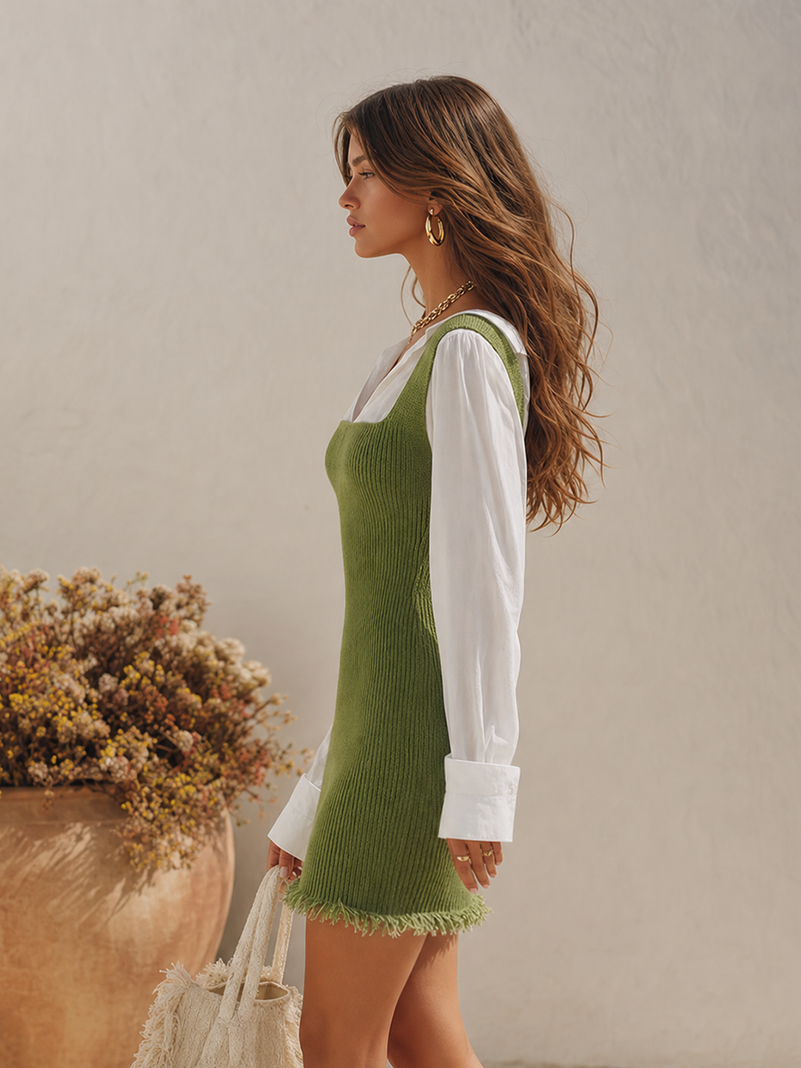 Resort-style Collared Long-sleeve Faux-layered Knit Mini Dress