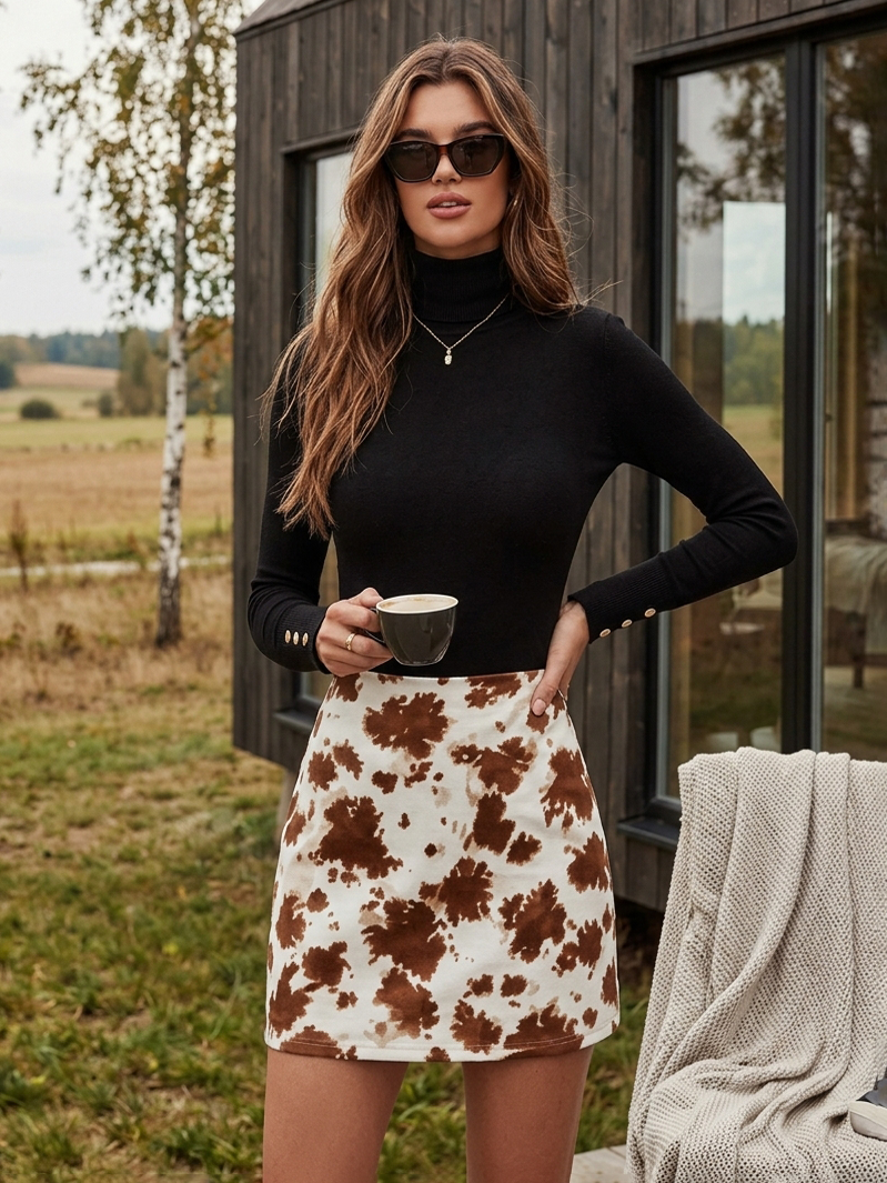 Modern Bohemian Black Ribbed Knit Top White Brown Abstract Floral Mini Skirt Set