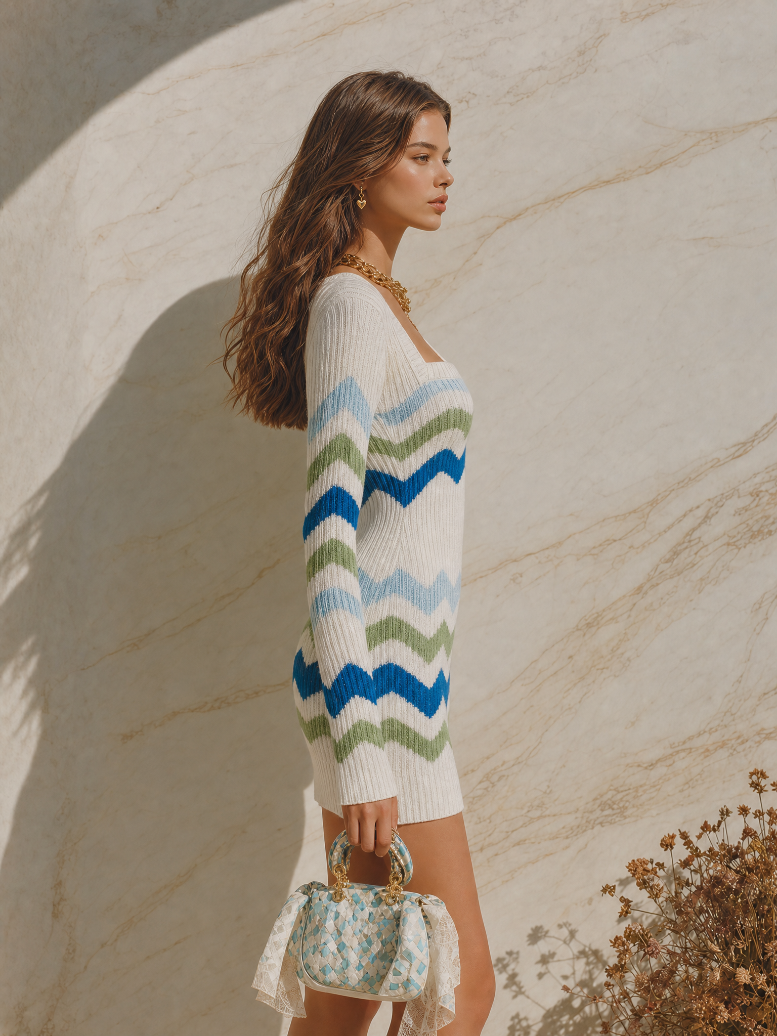 Vacation-style Square-neck Long-sleeve Wavy-stripe Mini Dress