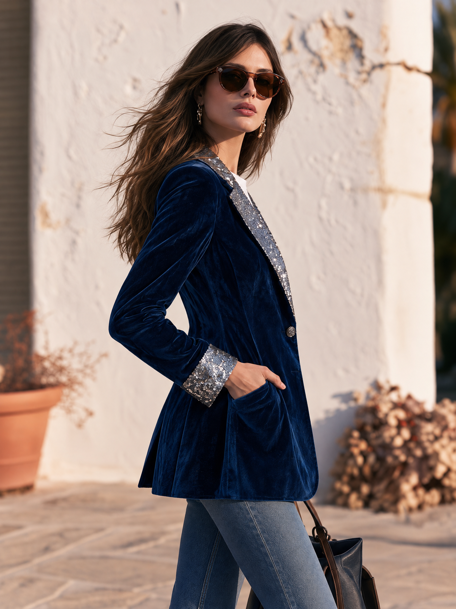 Trendy Retro Sequin Collar Velvet Blazer