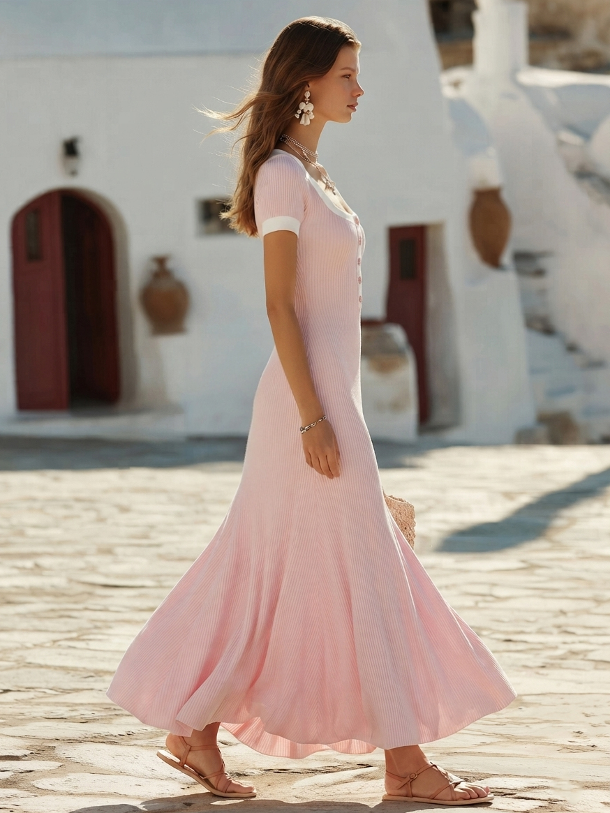 Capri Vibe Light Pink White Contrast Square Neck Short Sleeve Ribbed Knit Maxi Dress