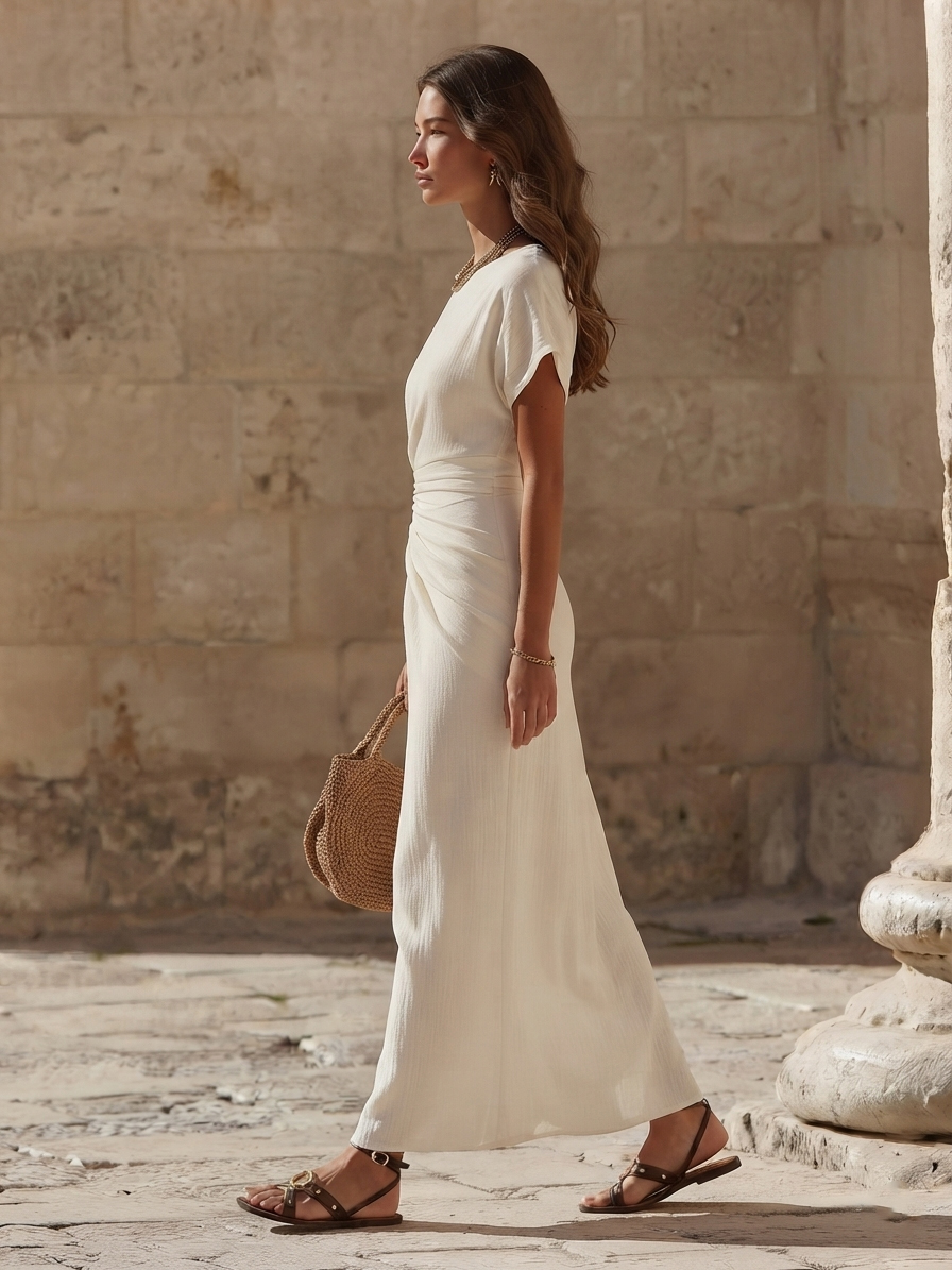 Minimalist Resort Textured Linen Blend Round Neck Cap Sleeve Waist Ruched Maxi Dress