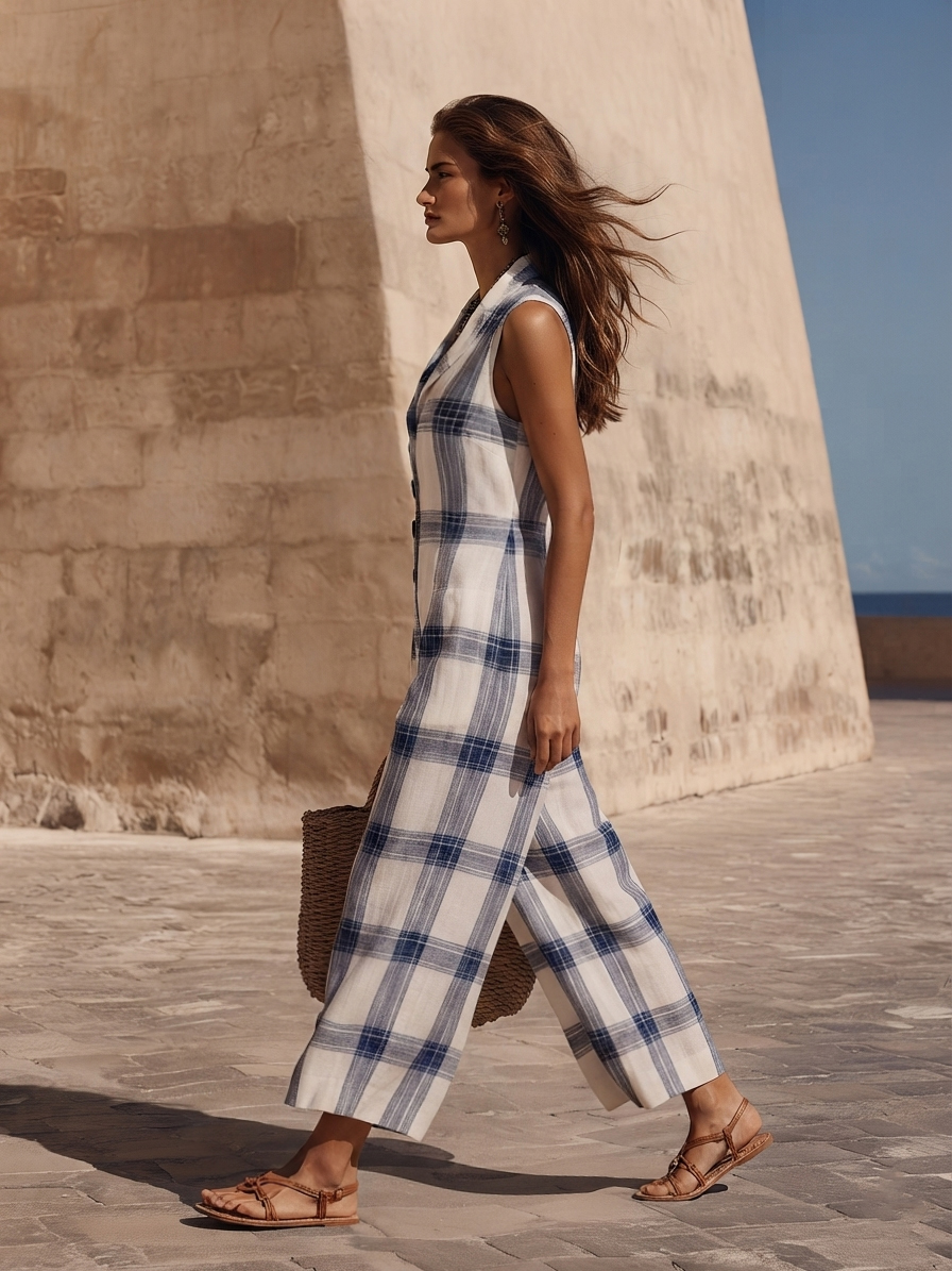 Casual Coastal Resort Woven Navy White Plaid Lapel Sleeveless Button Front Wide Leg Jumpsuit
