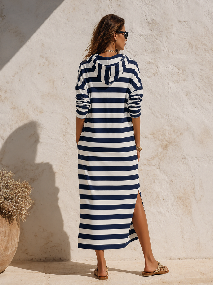Casual And Stylish Striped Hooded Midi Dress