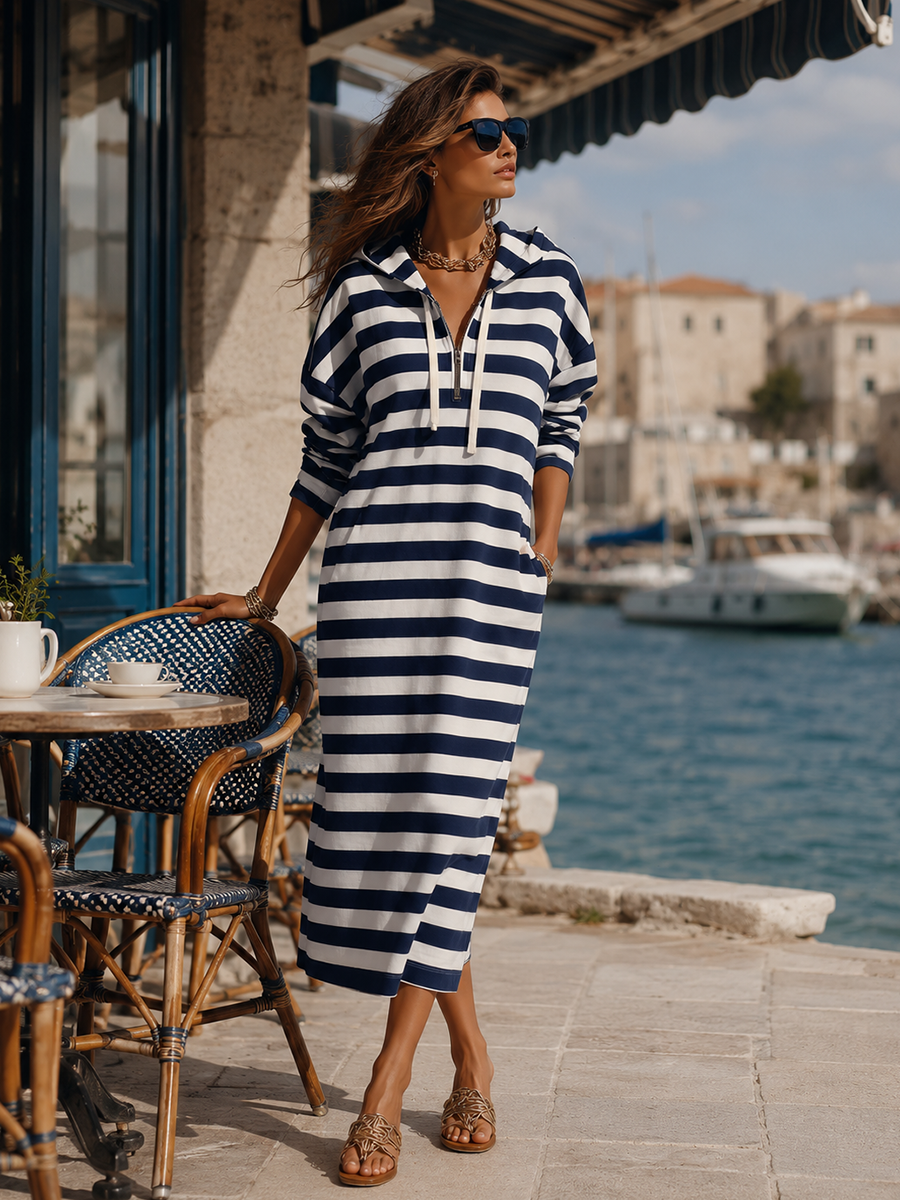 Casual And Stylish Striped Hooded Midi Dress