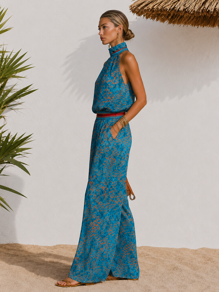 Retro-chic Leopard Print Chiffon Top And Wide-leg Pants Set