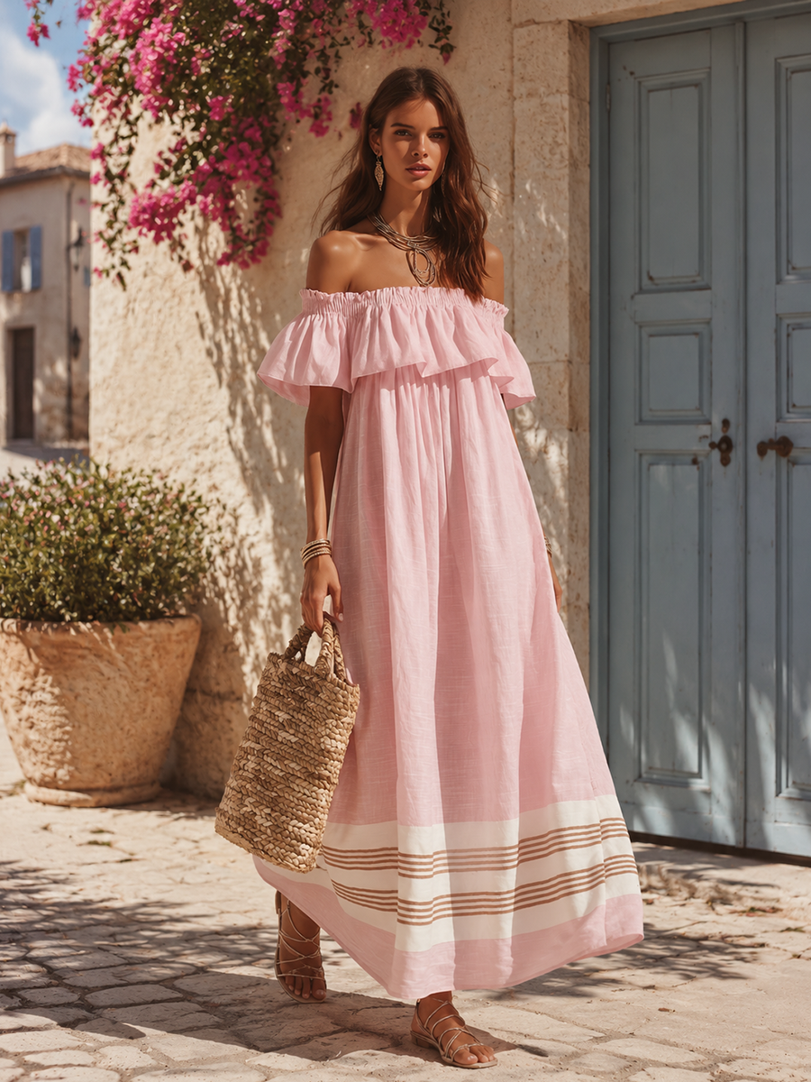 Bohemian Vacation Off-the-shoulder Ruffled Color-blocked Striped Maxi Dress