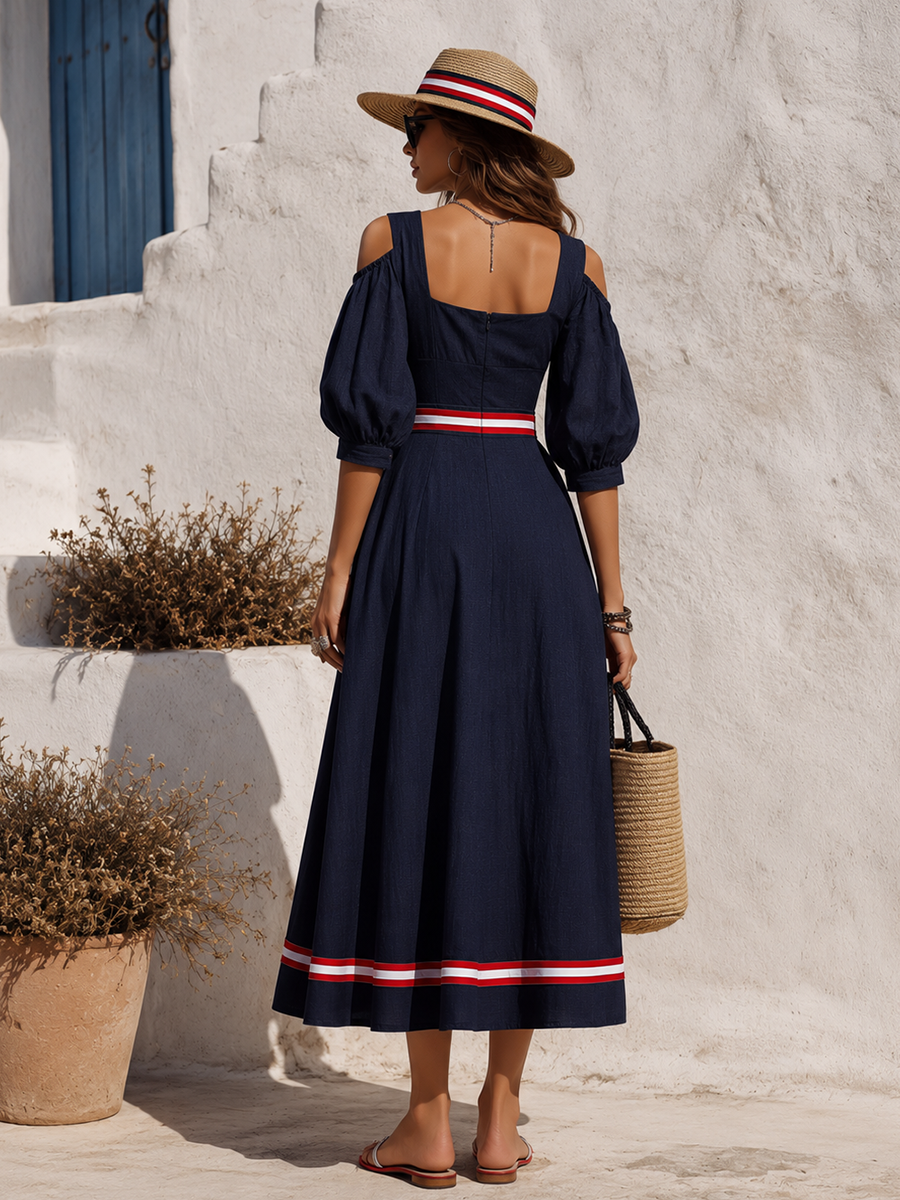 Elegant Sexy Color-blocked Trim Square Neck Cotton-linen Maxi Dress