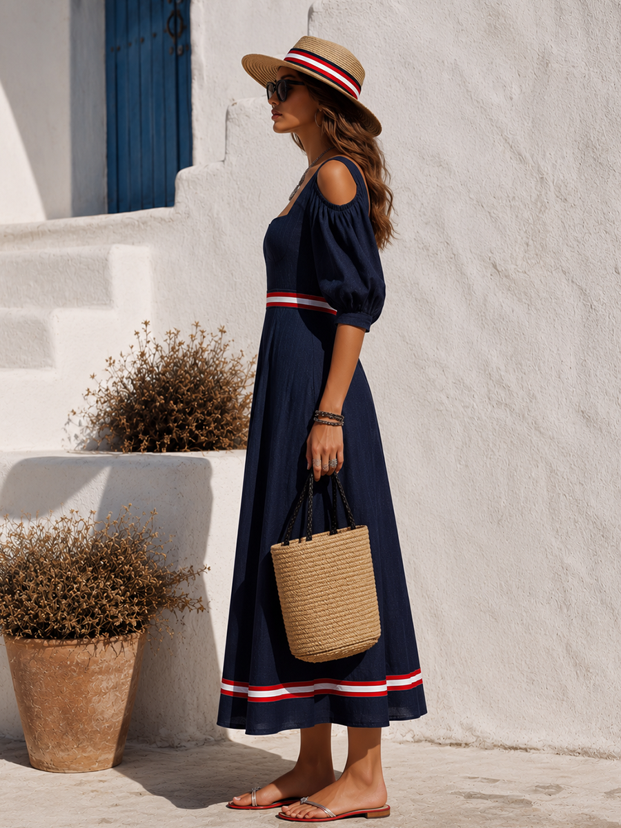 Elegant Sexy Color-blocked Trim Square Neck Cotton-linen Maxi Dress