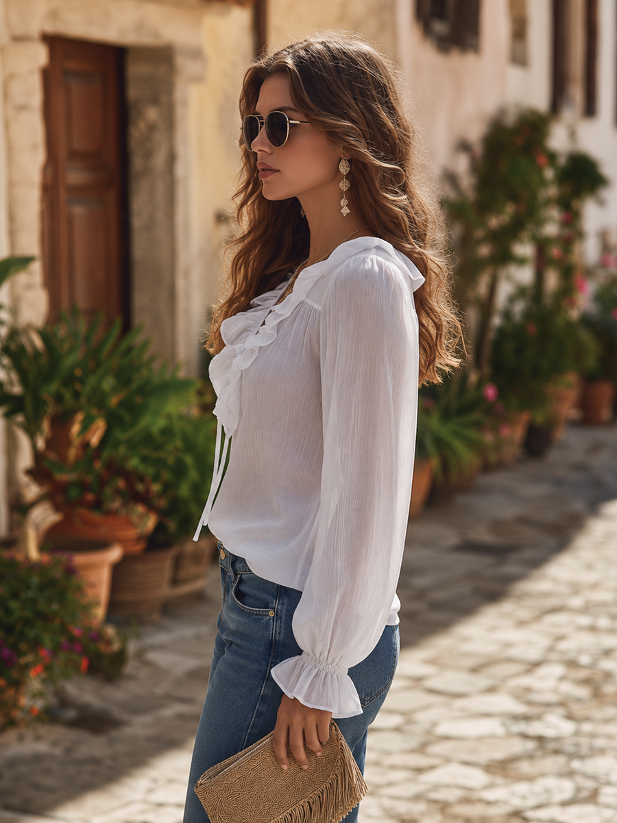 Elegant V-neck Ruffled Long-sleeved Shirt