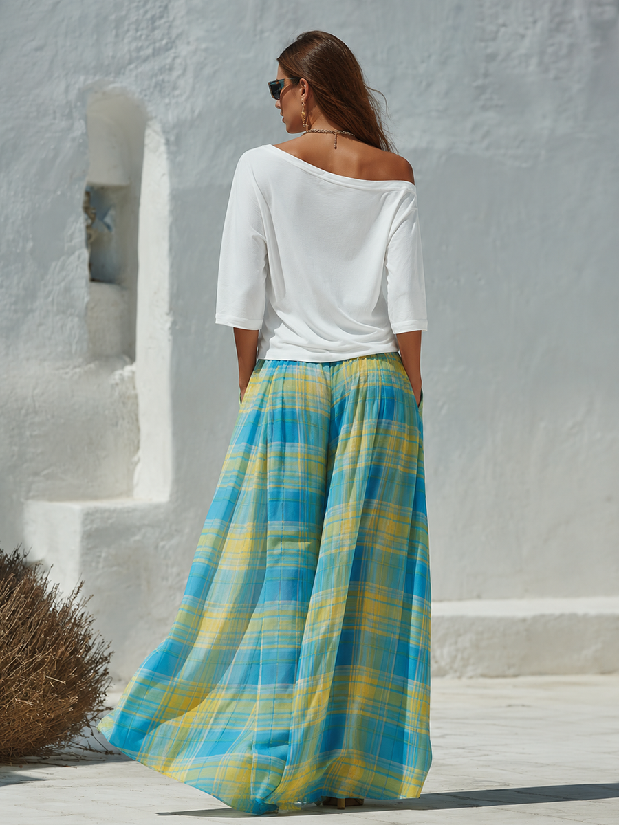 Vacation Casual One-shoulder Pure Cotton T-shirt And Plaid Chiffon Printed Wide-leg Skirt Pants