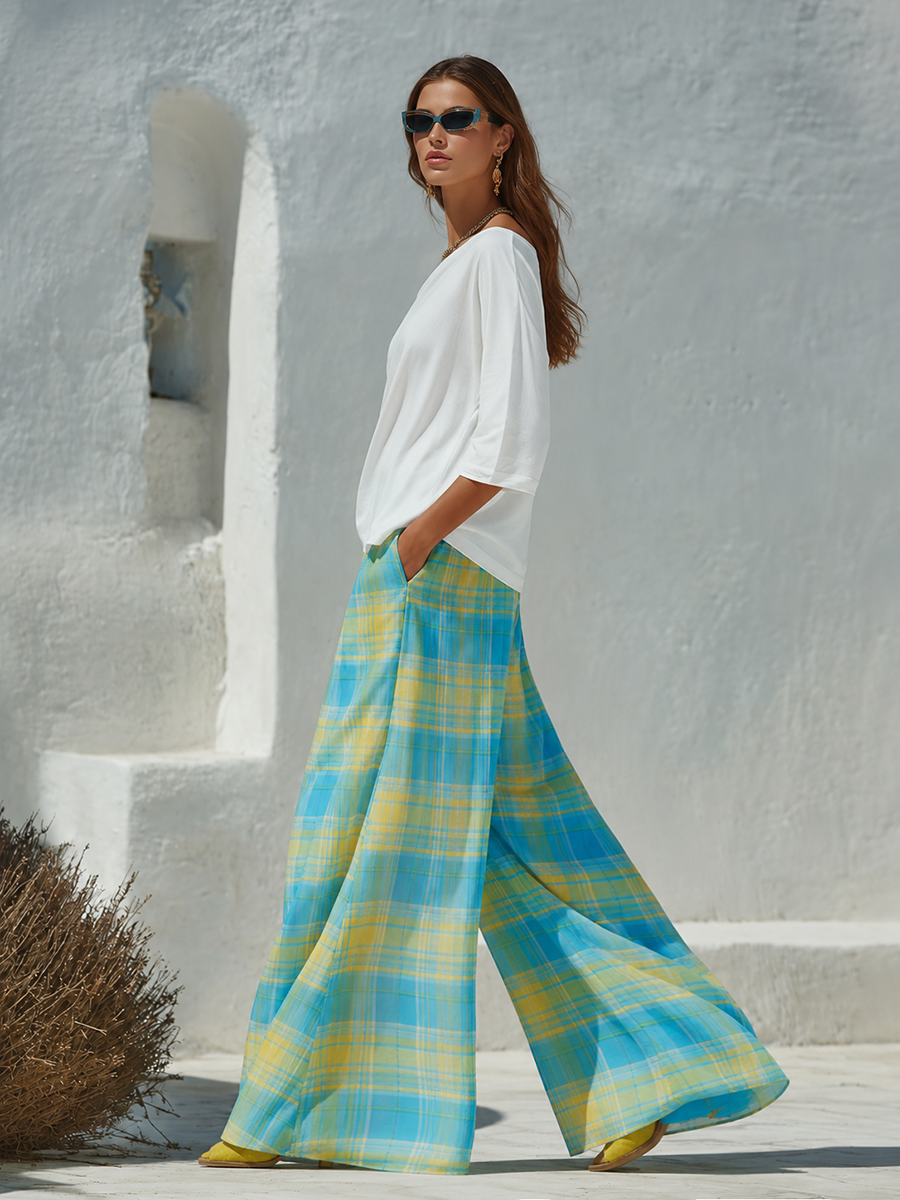 Vacation Casual One-shoulder Pure Cotton T-shirt And Plaid Chiffon Printed Wide-leg Skirt Pants