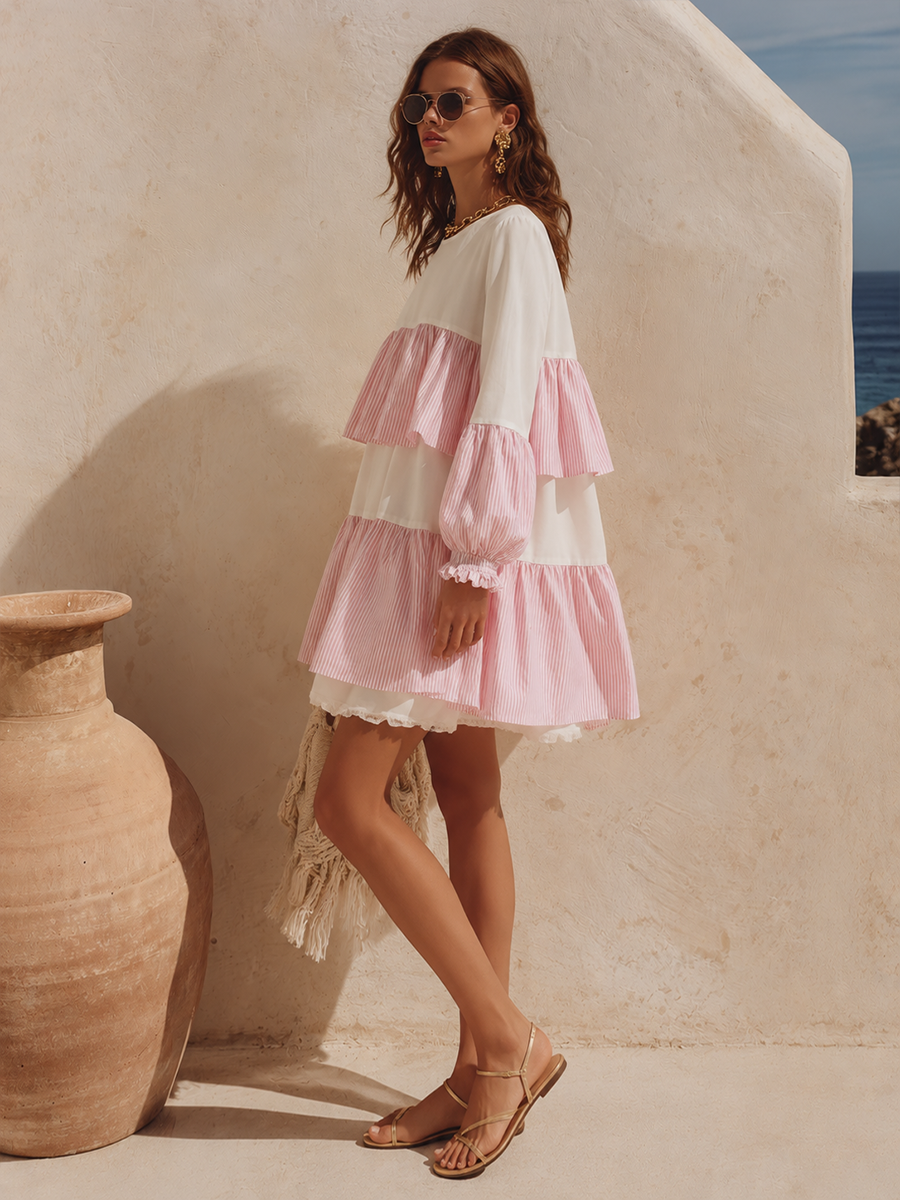 Chic And Relaxed Vacation-style Multi-layered Ruffled Mini Dress
