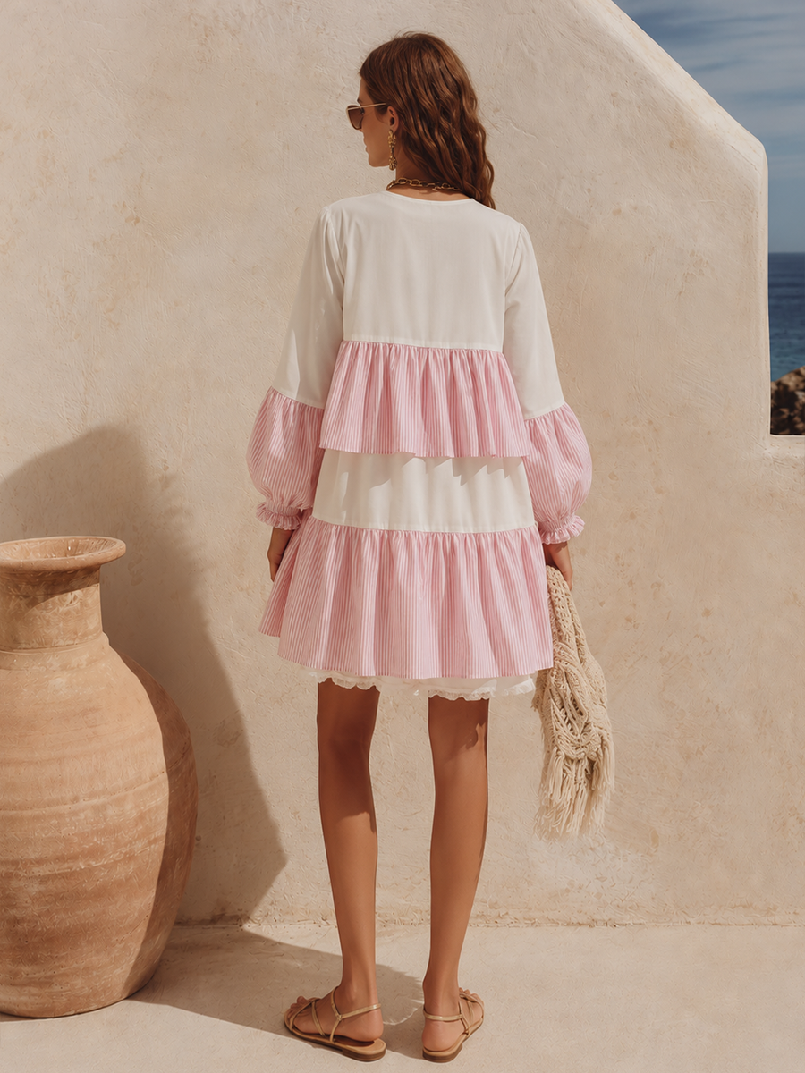 Chic And Relaxed Vacation-style Multi-layered Ruffled Mini Dress