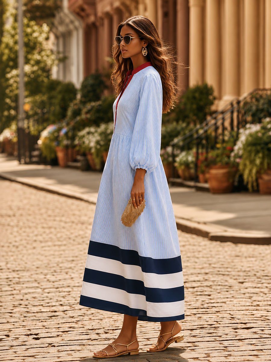 Retro-design Color-blocked Striped Midi Dress