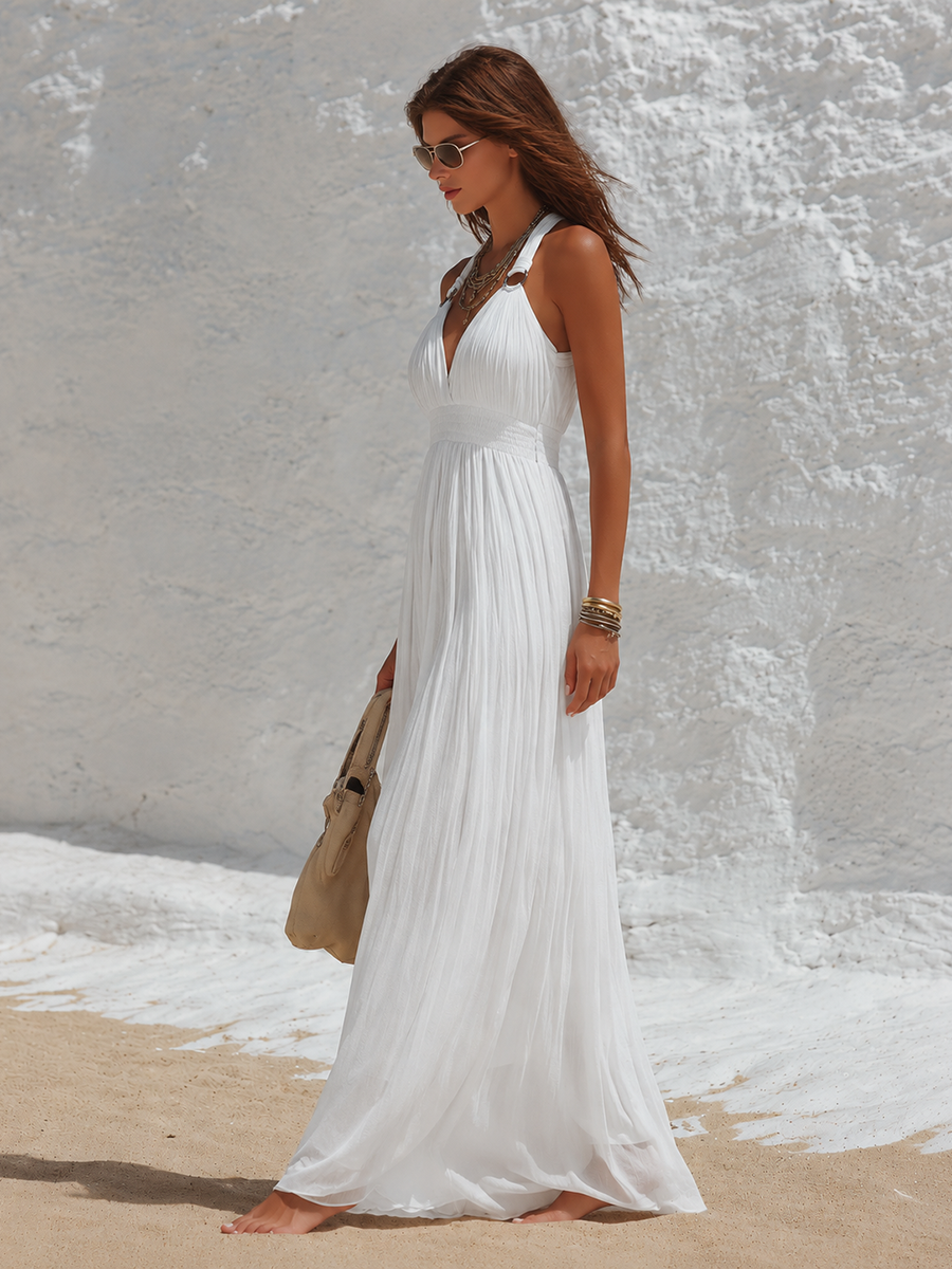 Elegant Resort-style Solid Color Pleated Dress