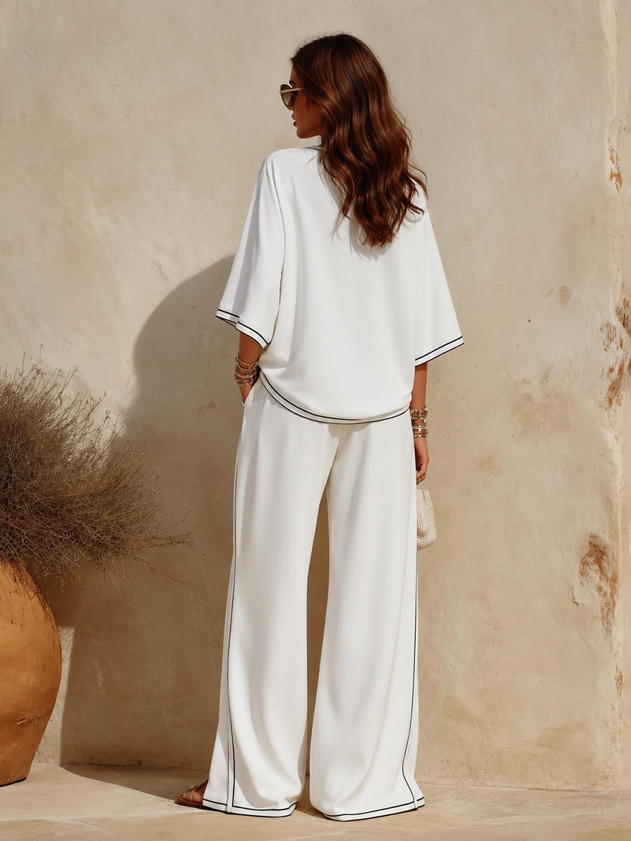 Retro Casual Sporty Color-blocked Trim Three-quarter Sleeve Top And Wide-leg Pants Set