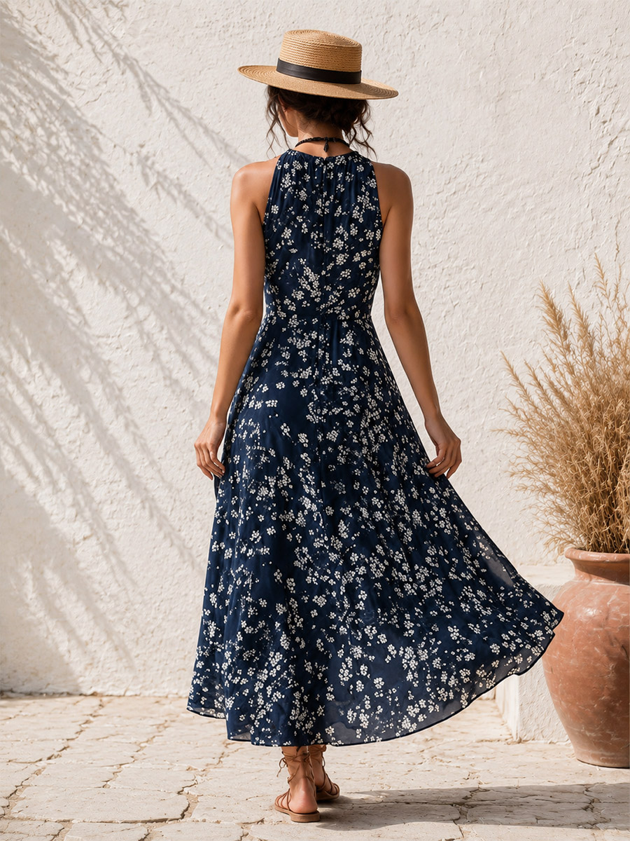 Retro Classic Floral Print Navy Blue Chiffon Sleeveless Maxi Dress
