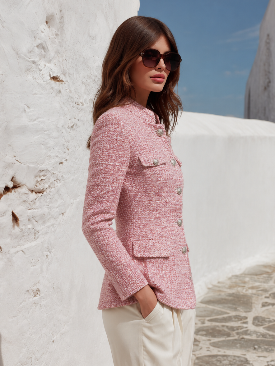 Retro Casual Elegant Stand Collar Multi-pocket Tweed Jacket