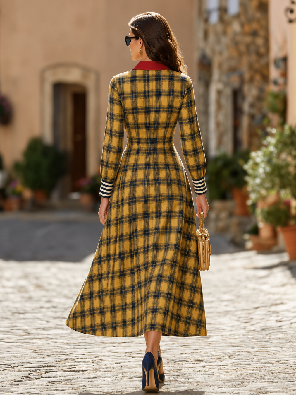 Retro Color-blocked Plaid Long Sleeve Maxi Dress