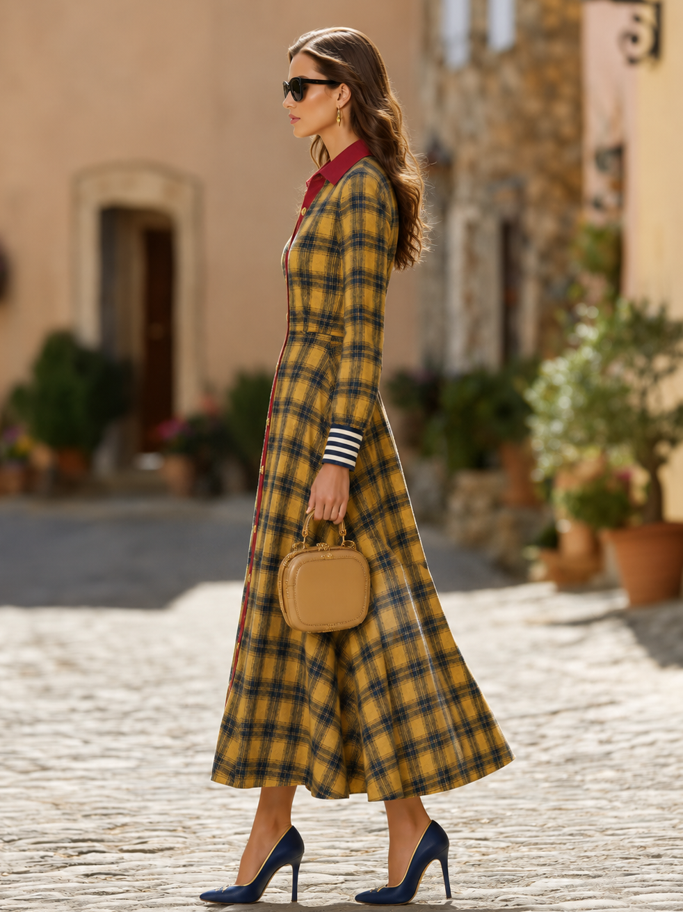Retro Color-blocked Plaid Long Sleeve Maxi Dress