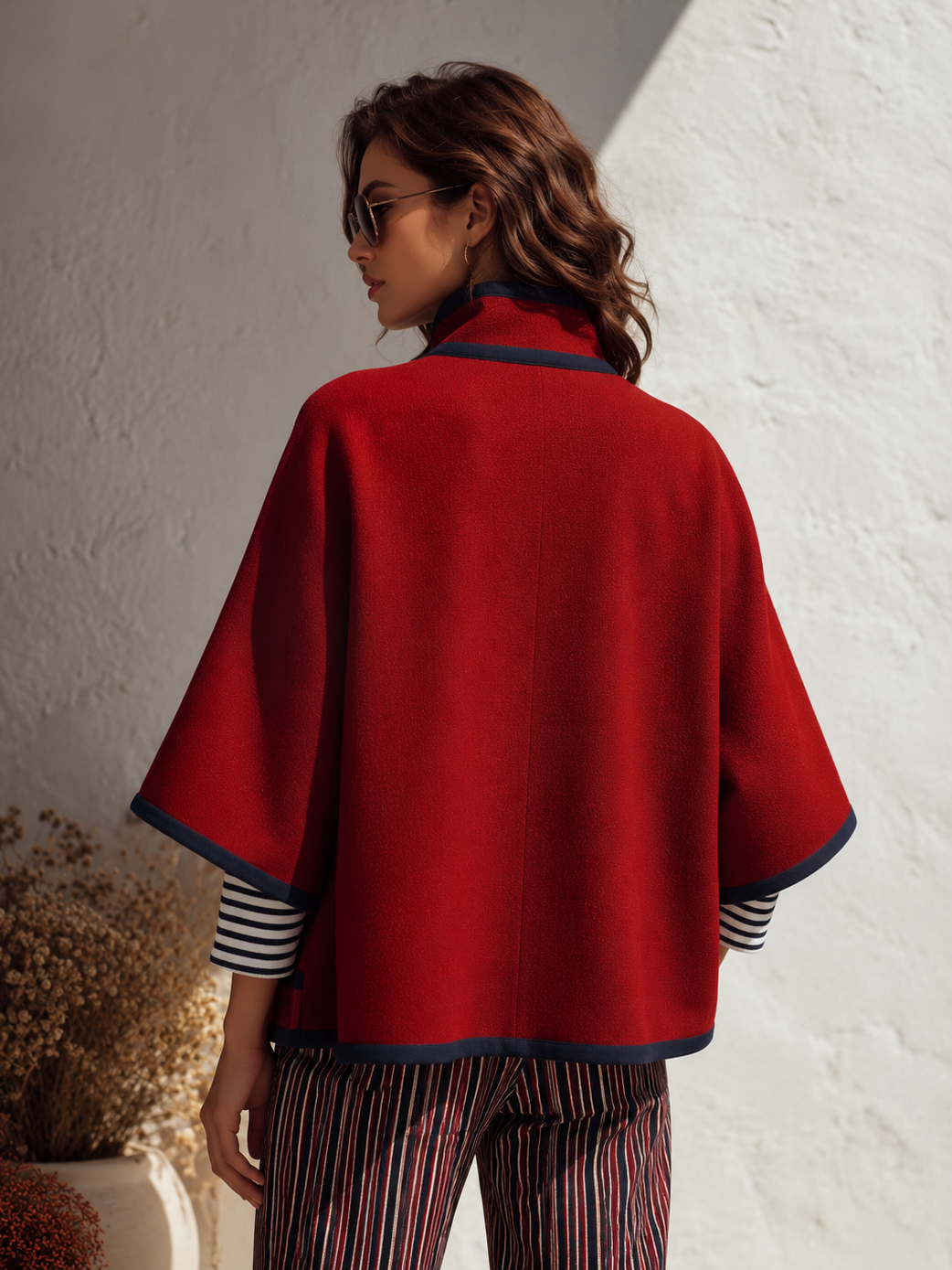 Elegant Retro Color-blocked Trim Stand-collar Cape Jacket