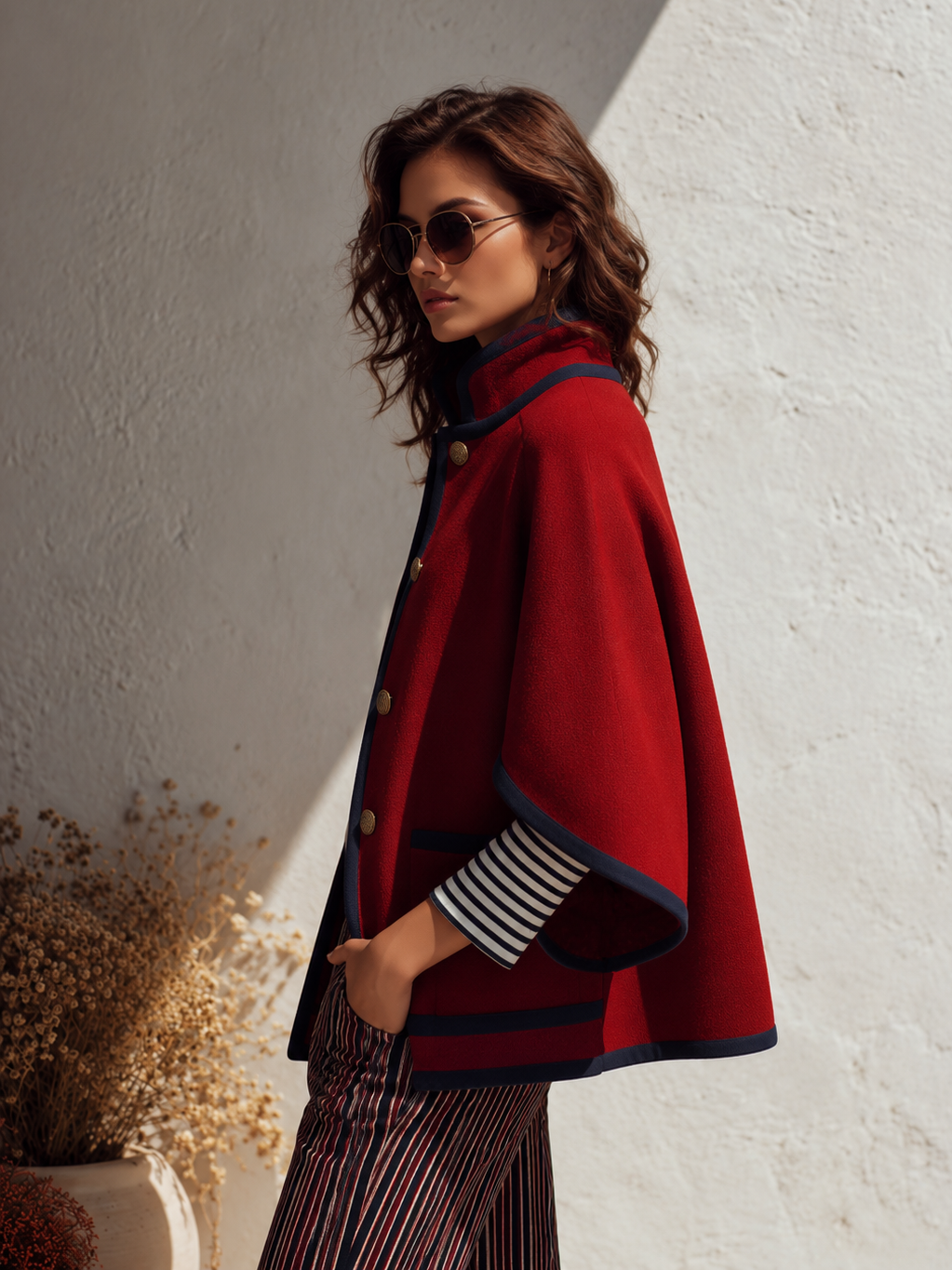 Elegant Retro Color-blocked Trim Stand-collar Cape Jacket