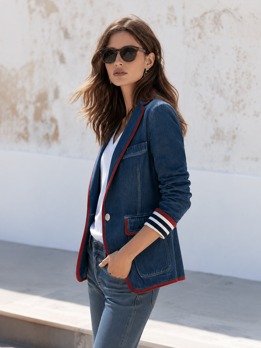 Retro Casual Color-blocked Trim Washed Distressed Denim Blazer