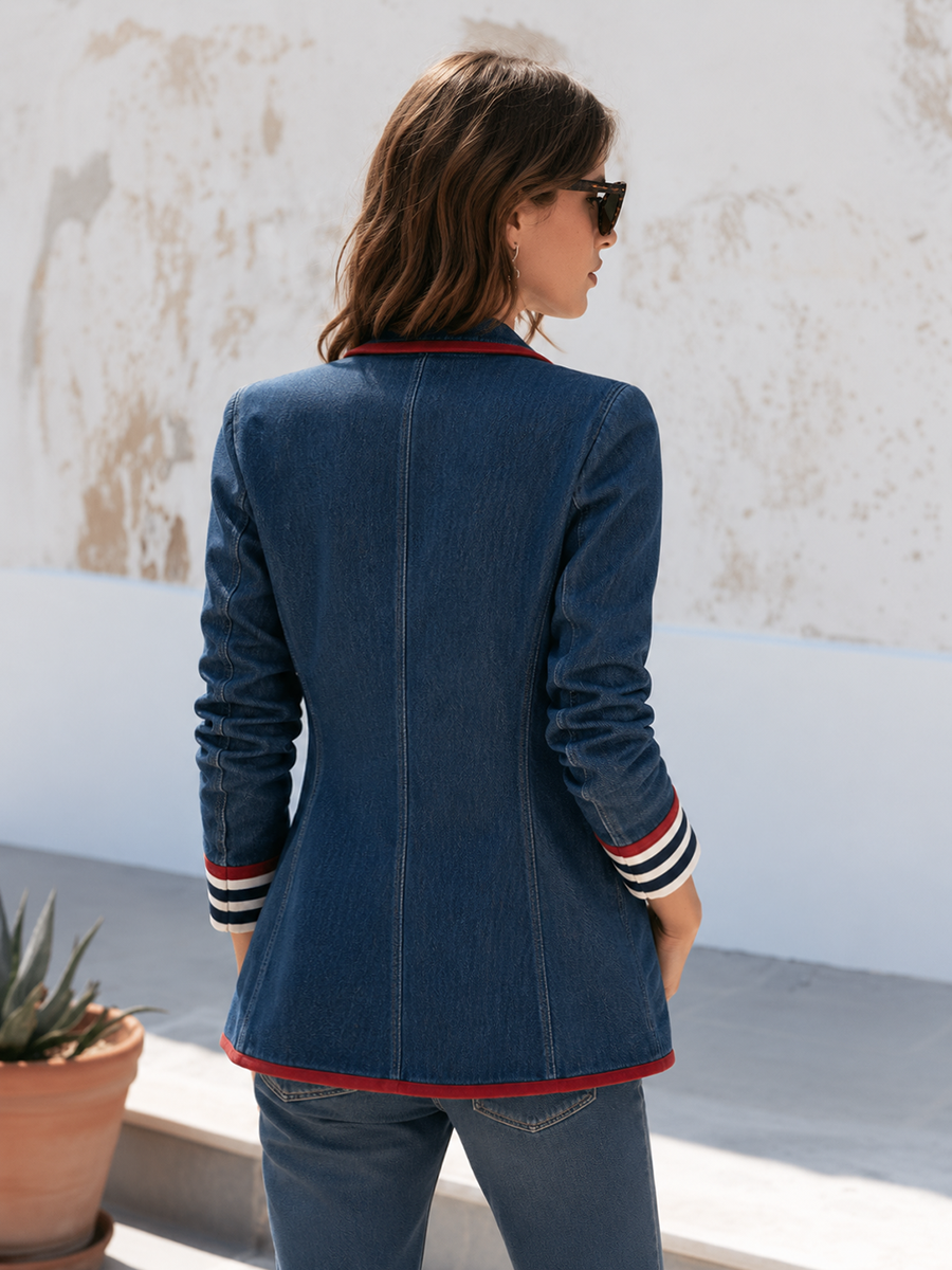 Retro Casual Color-blocked Trim Washed Distressed Denim Blazer