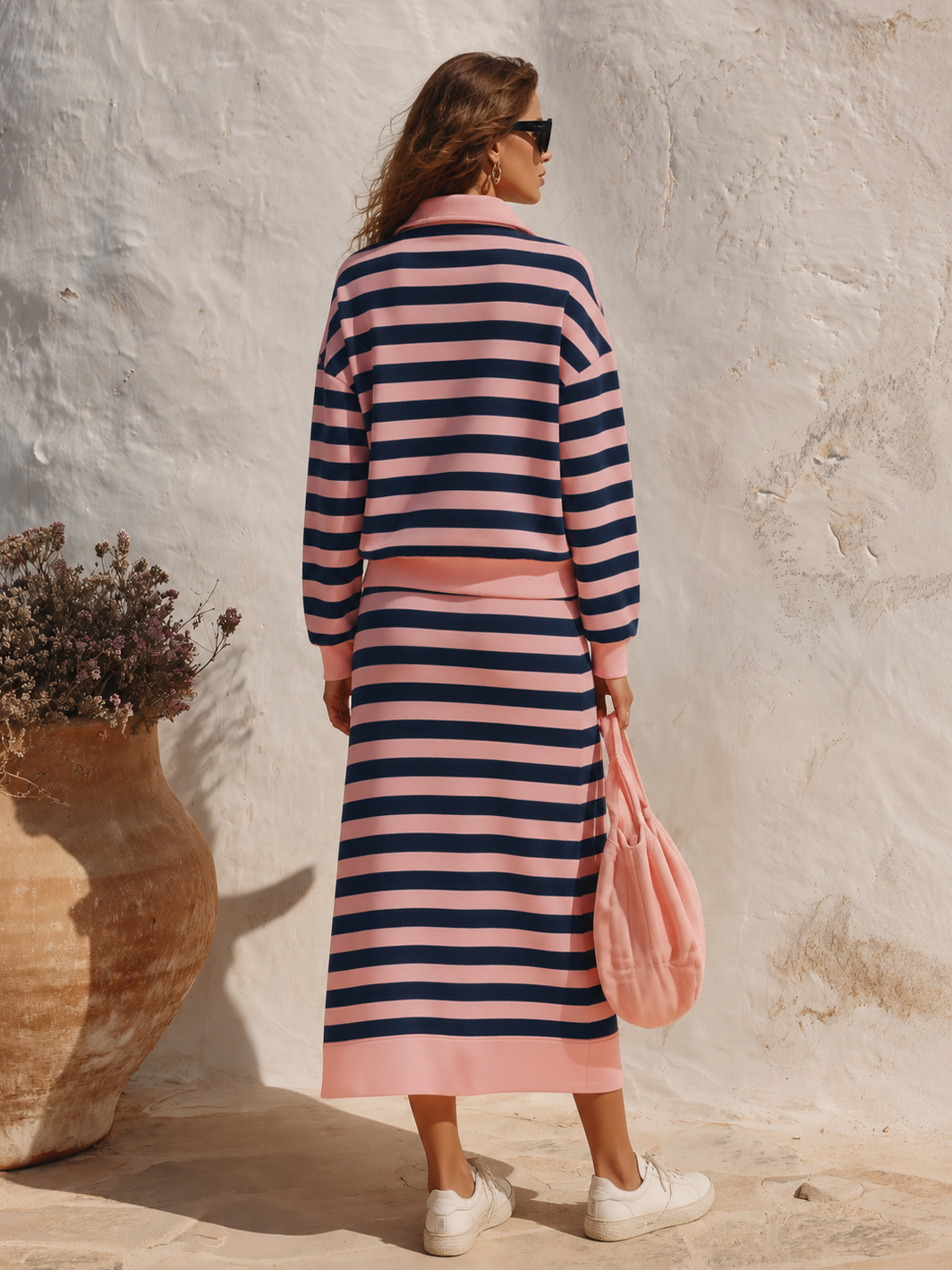 Retro Color-blocked Striped Half-zip Stand Collar Sweatshirt And Skirt Set