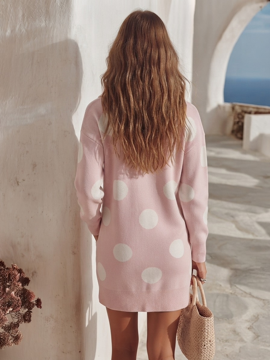 Resort Vibe Pink White Polka Dot Half Zip Stand Collar Knit Mini Dress