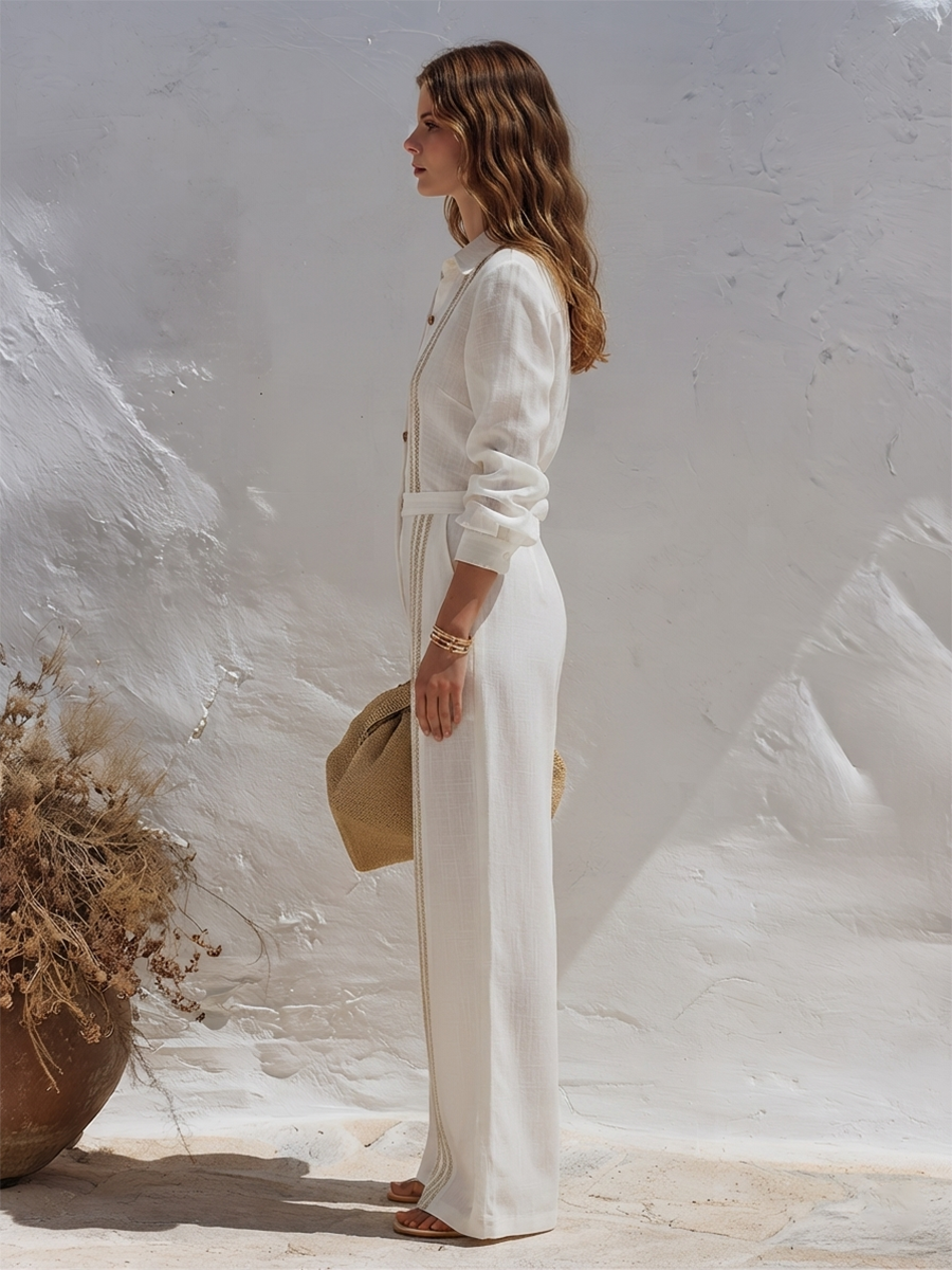 Urban Luxury Lace-Trimmed Long-Sleeved Cotton Linen Jumpsuit