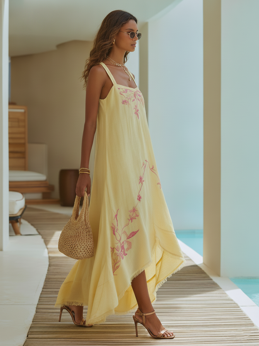 Resort Pale Lemon Floral Embroidered Linen Maxi Dress