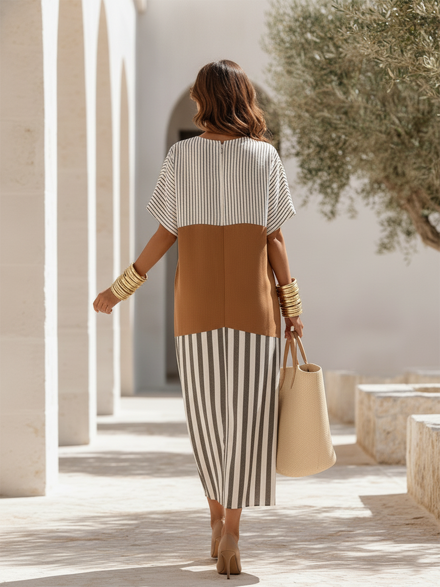Old Money Striped Patchwork Short-Sleeve Cotton-Linen Midi Dress