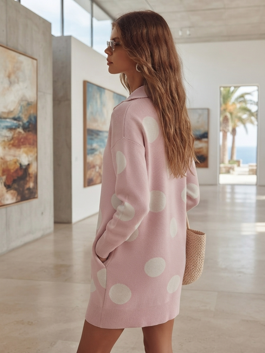 Resort Vibe Pink White Polka Dot Half Zip Stand Collar Knit Mini Dress