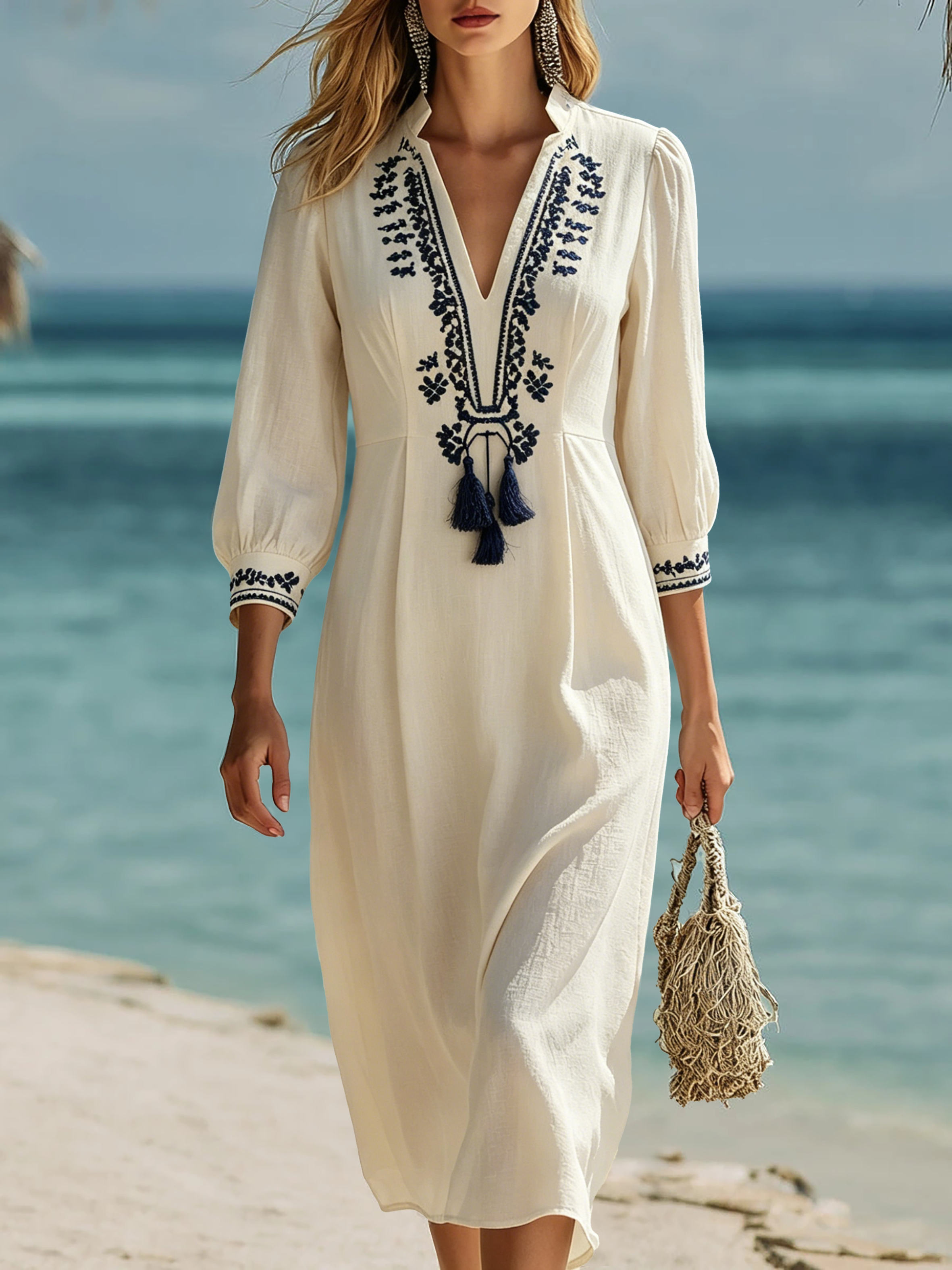 Resort-style Ethnic-style Blue Embroidered Off-white Cotton And Linen Midi Dress
