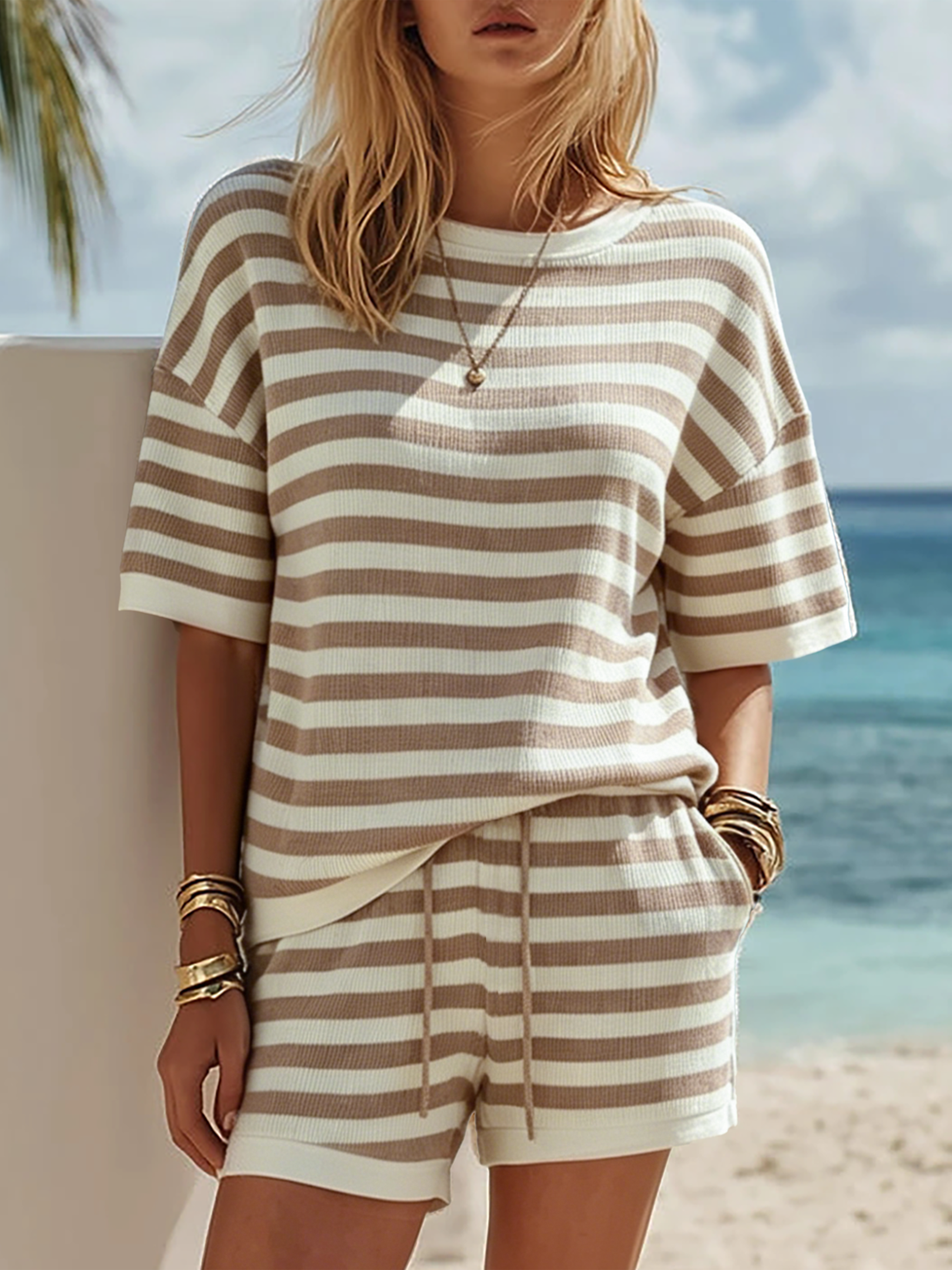 Minimalist Coastal Resort Beige Striped Knit Short-Sleeve And Shorts Set