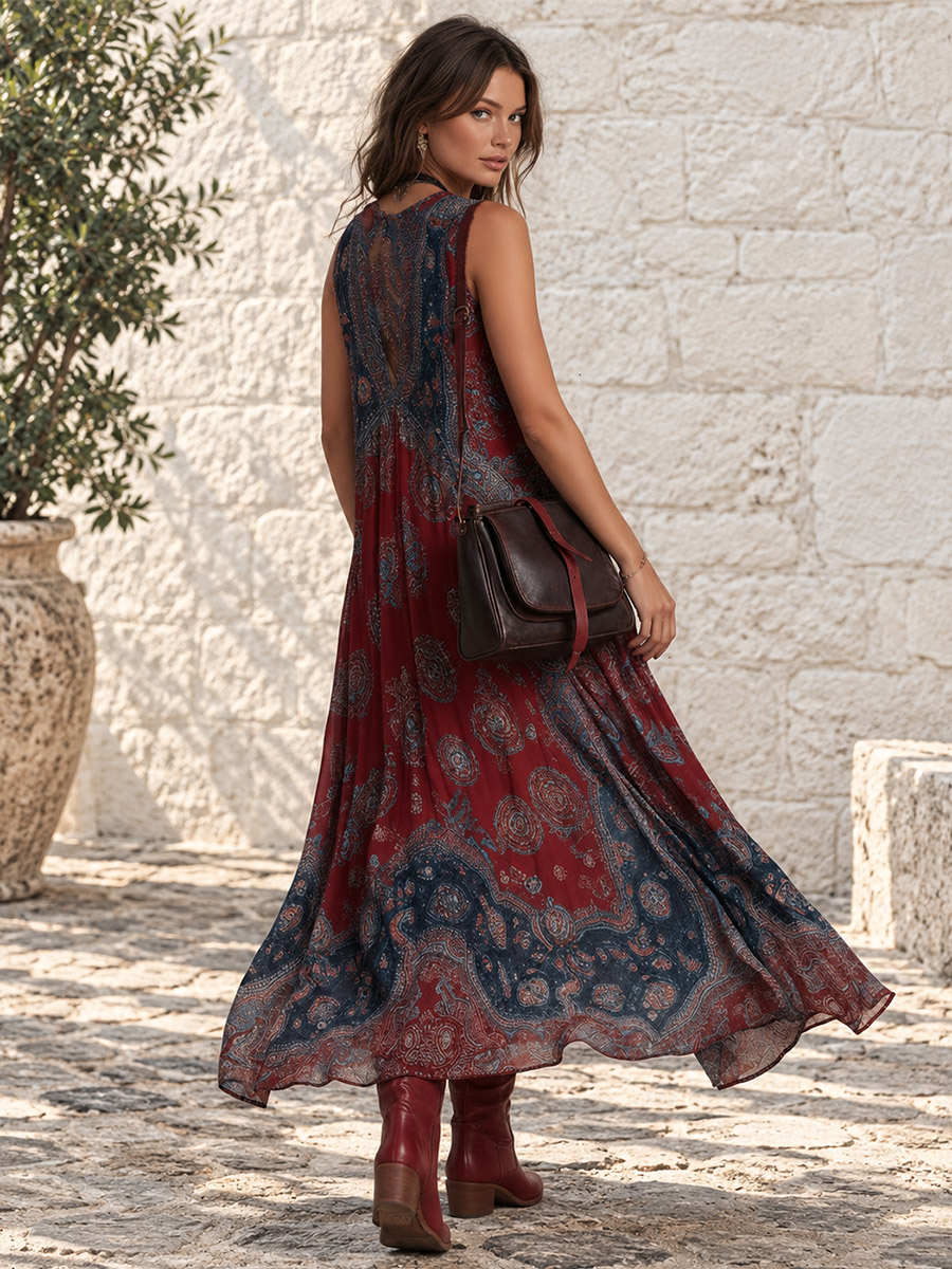 Retro Ethnic Bohemian Print Chiffon Sleeveless Maxi Dress