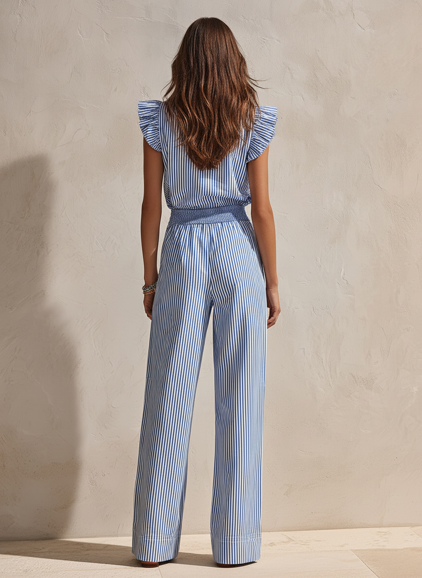 Resort-style Retro Striped Top And Wide-leg Pants Set
