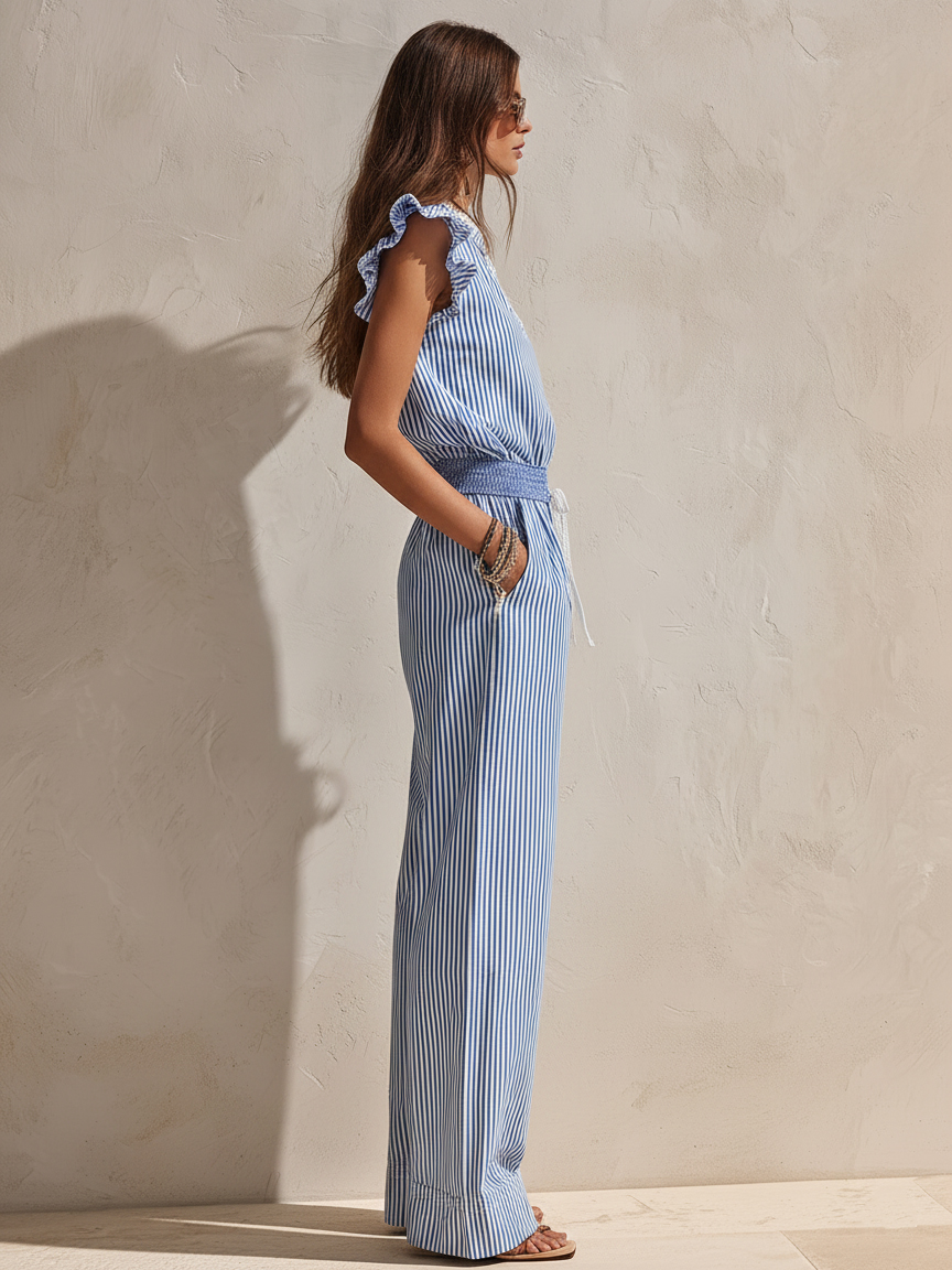 Resort-style Retro Striped Top And Wide-leg Pants Set