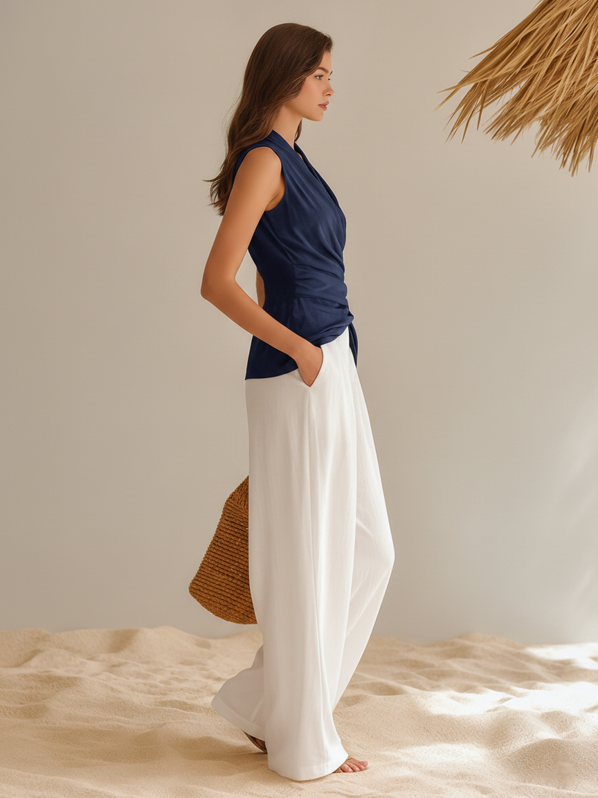 Trendy Retro Vacation Style Crossover V-neck Top And Wide-leg Pants Set