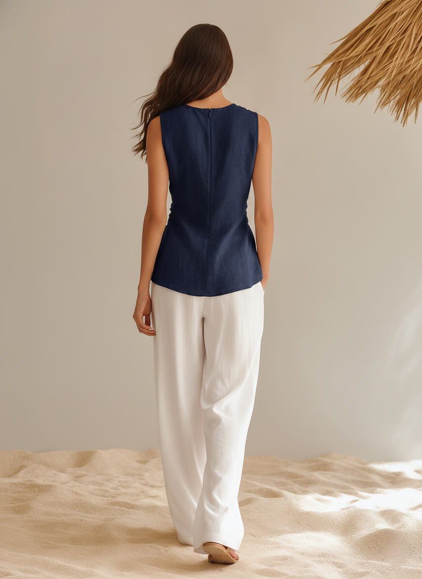 Trendy Retro Vacation Style Crossover V-neck Top And Wide-leg Pants Set