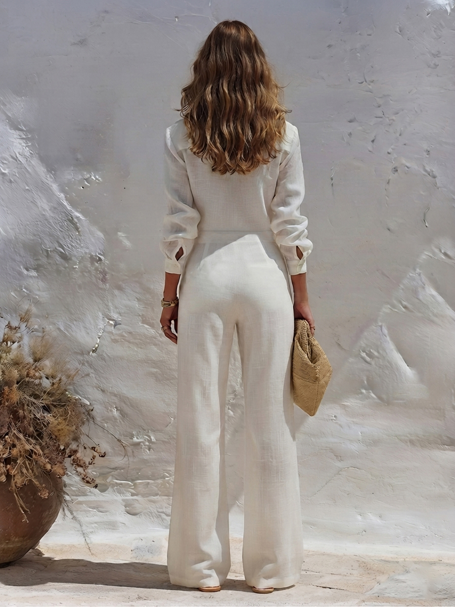 Urban Luxury Lace-Trimmed Long-Sleeved Cotton Linen Jumpsuit