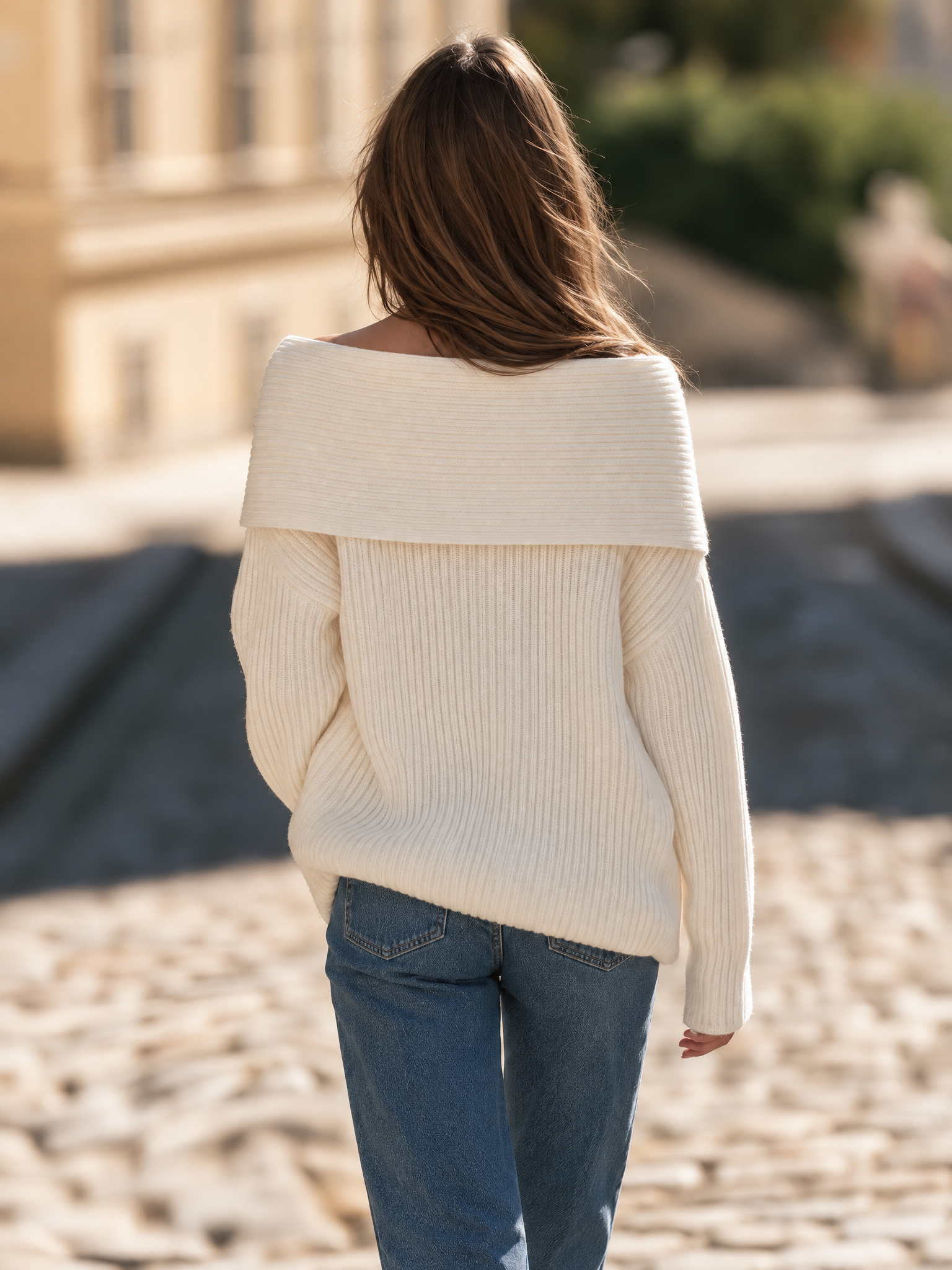 Resort-style Off-shoulder Long-sleeve Button-detail Sweater