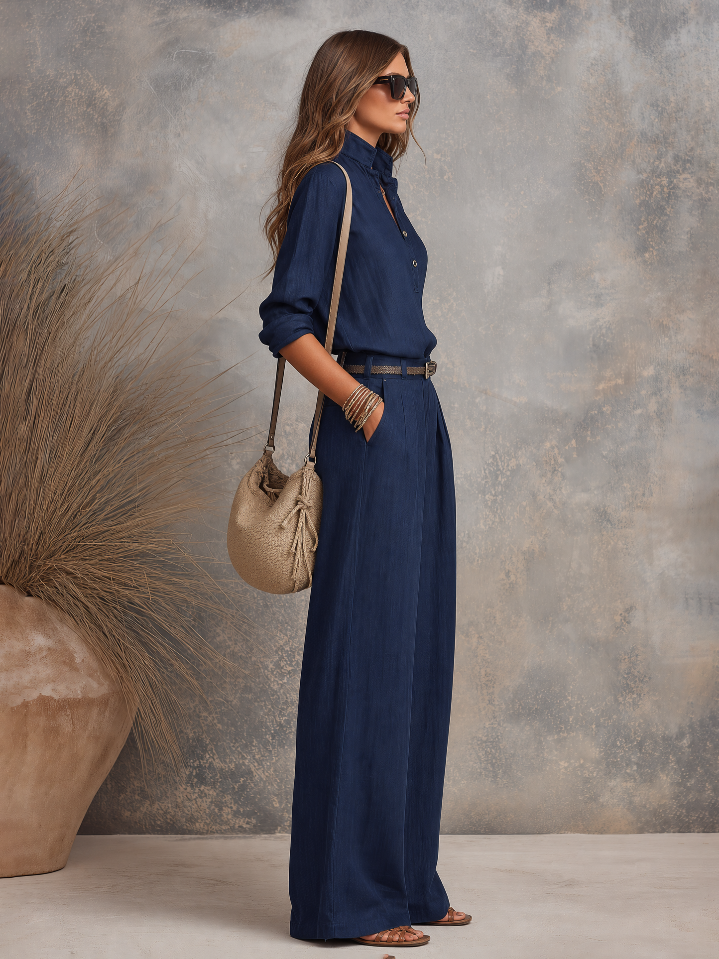 Retro-style High-end Elegant Half-open Long-sleeved Shirt And Wide-leg Trousers Set
