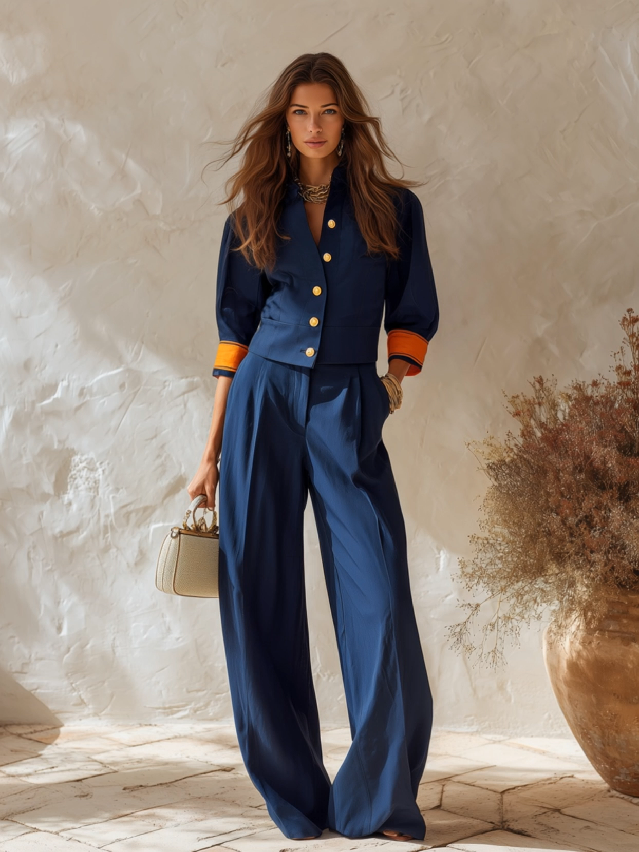 Resort-style V-neck Button-down Top And Trousers Set
