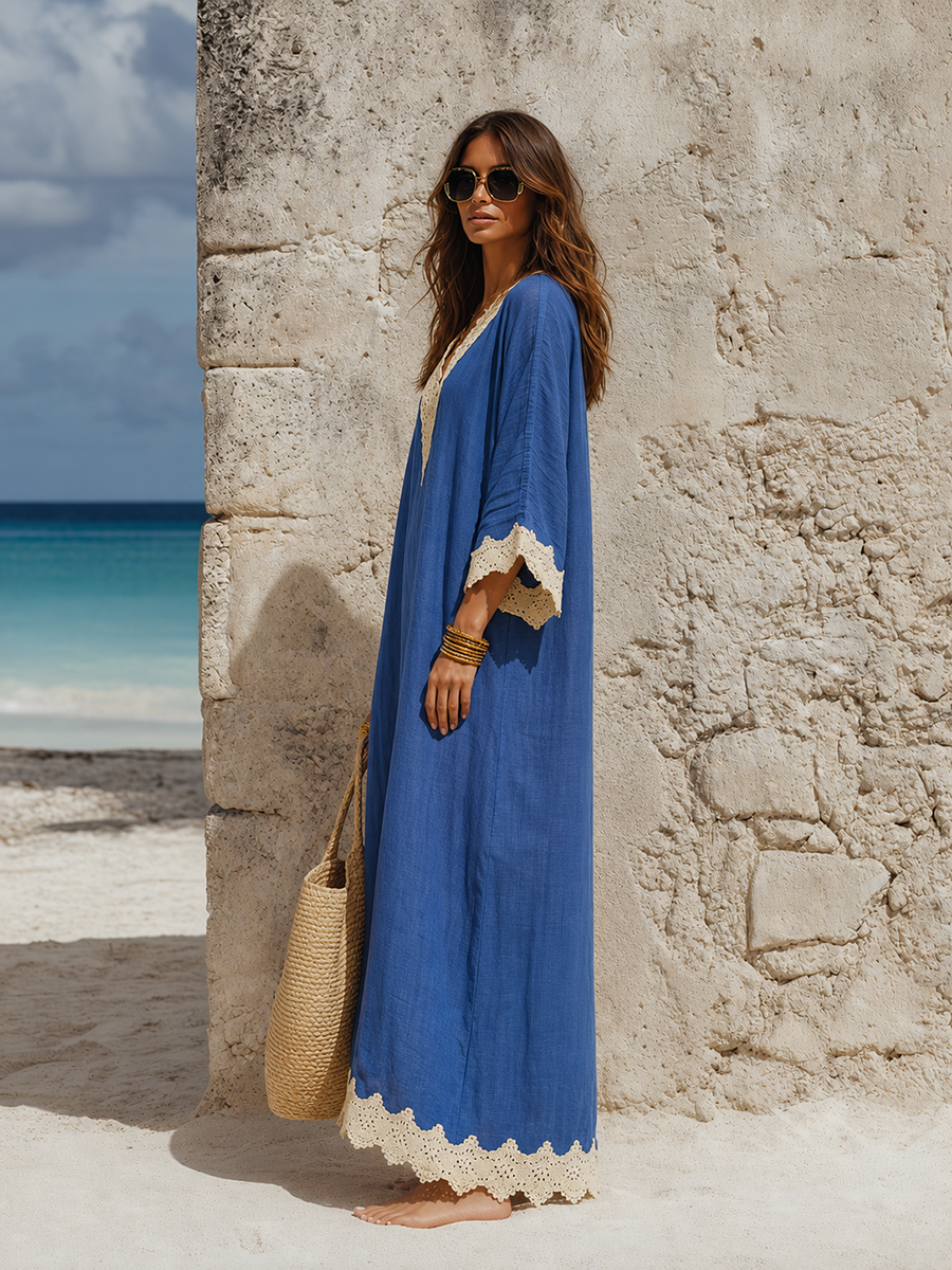 Minimalist Vacation Lace Trim Three Quarter Sleeves Cotton-Linen Maxi Dress