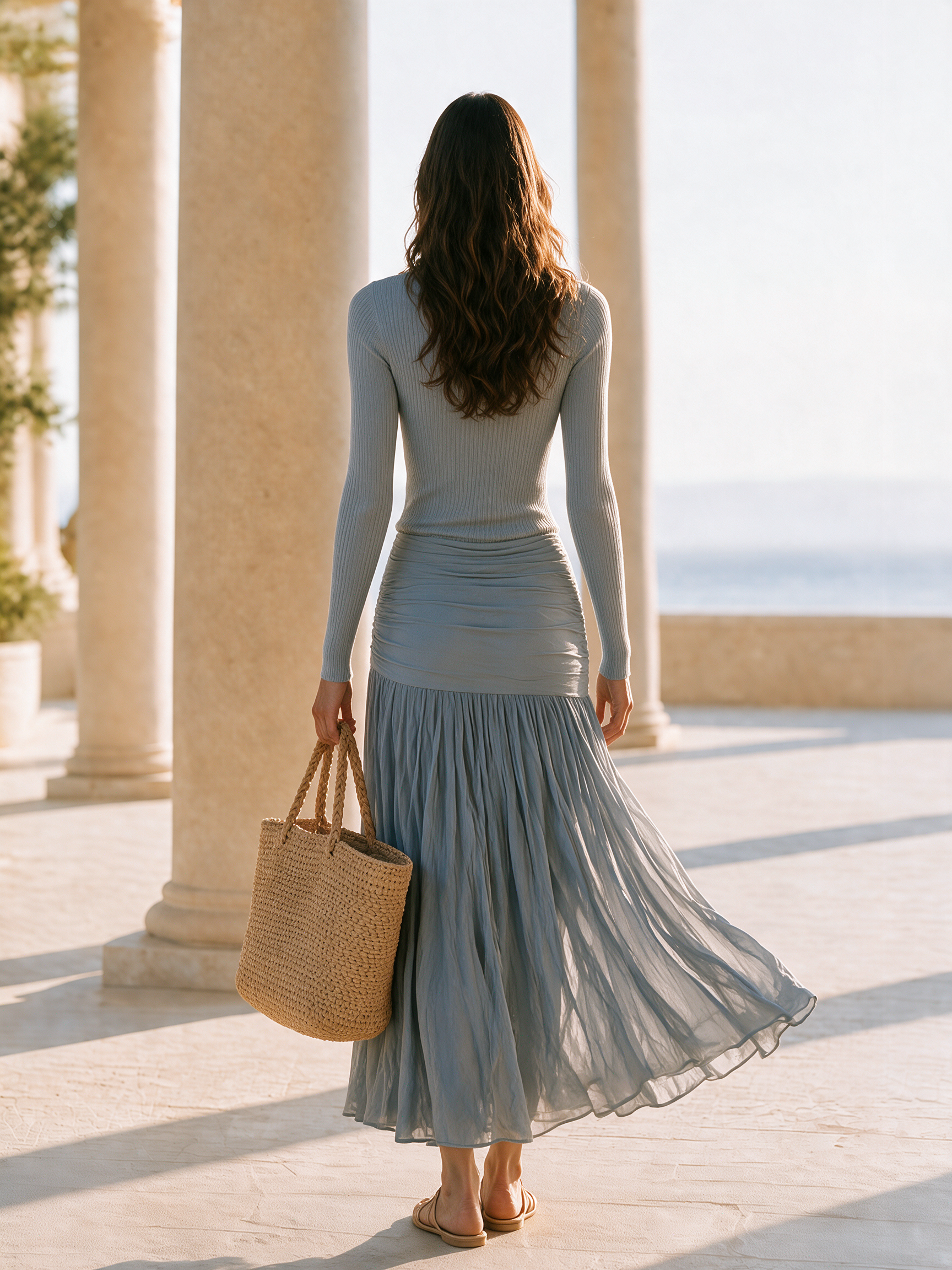 Elegant Evening Grey Knit Panelled Chiffon Textured Hem Maxi Dress